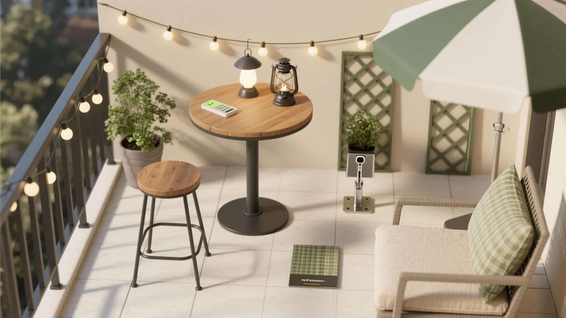 Small balcony design with round wooden table high stool green umbrella string lights and potted plants