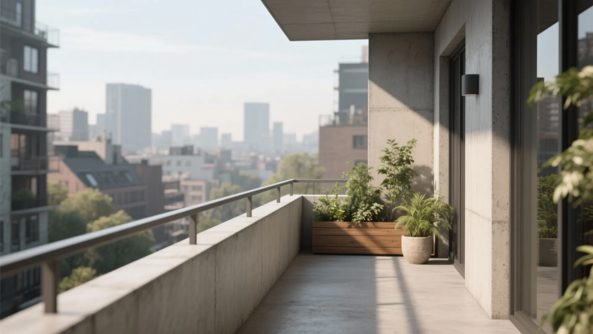 Modern concrete balcony with green plants in wooden pots overlooking a sunny city skyline view