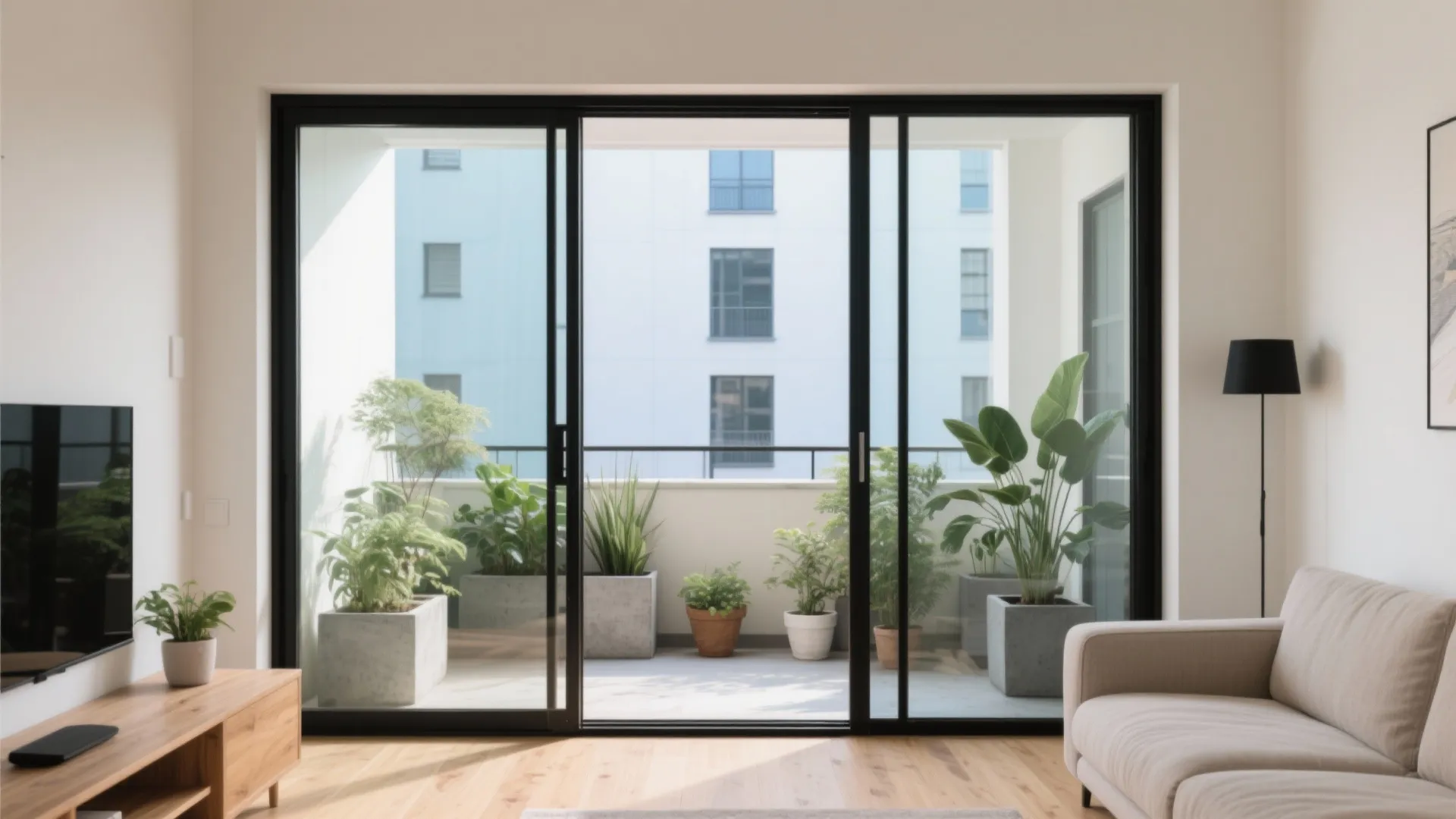 Living room with sofa and television facing sliding glass doors that open to potted plants