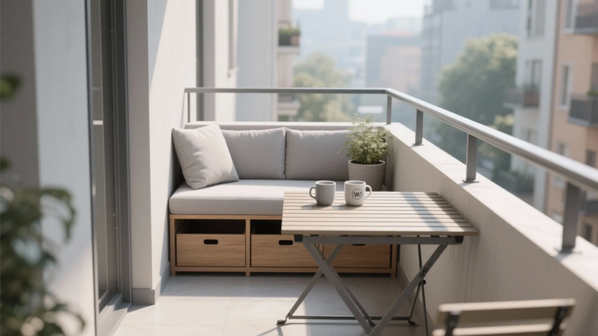 Minimalist balcony storage that doubles as seating
