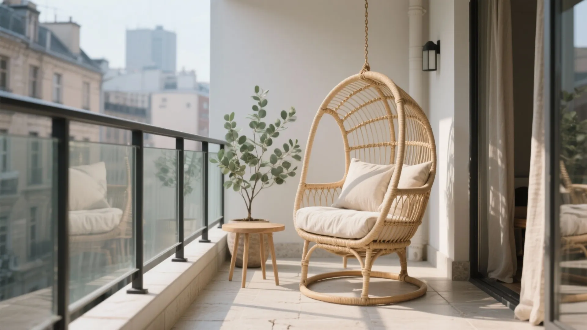 Rattan swing chair with white cushions on a balcony next to a small wooden table