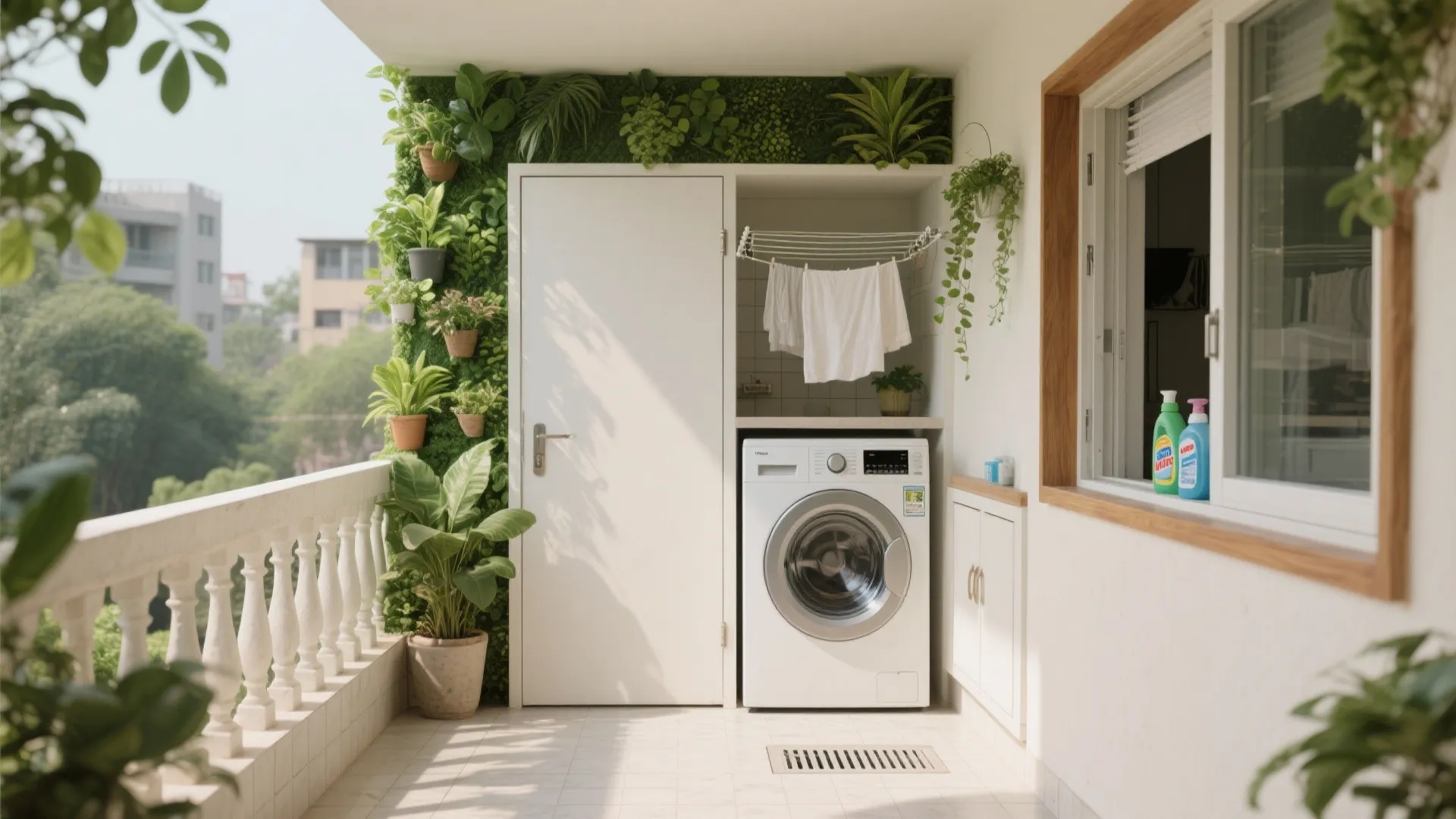 Balcony-as-utility with greenery and dust control