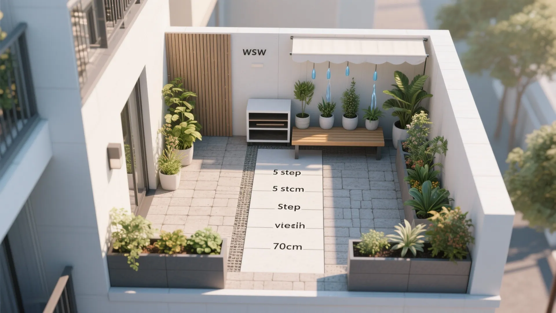 Top-down balcony plan showing walkway, vertical wall, storage bench, grouped planters, drip, and shade.
