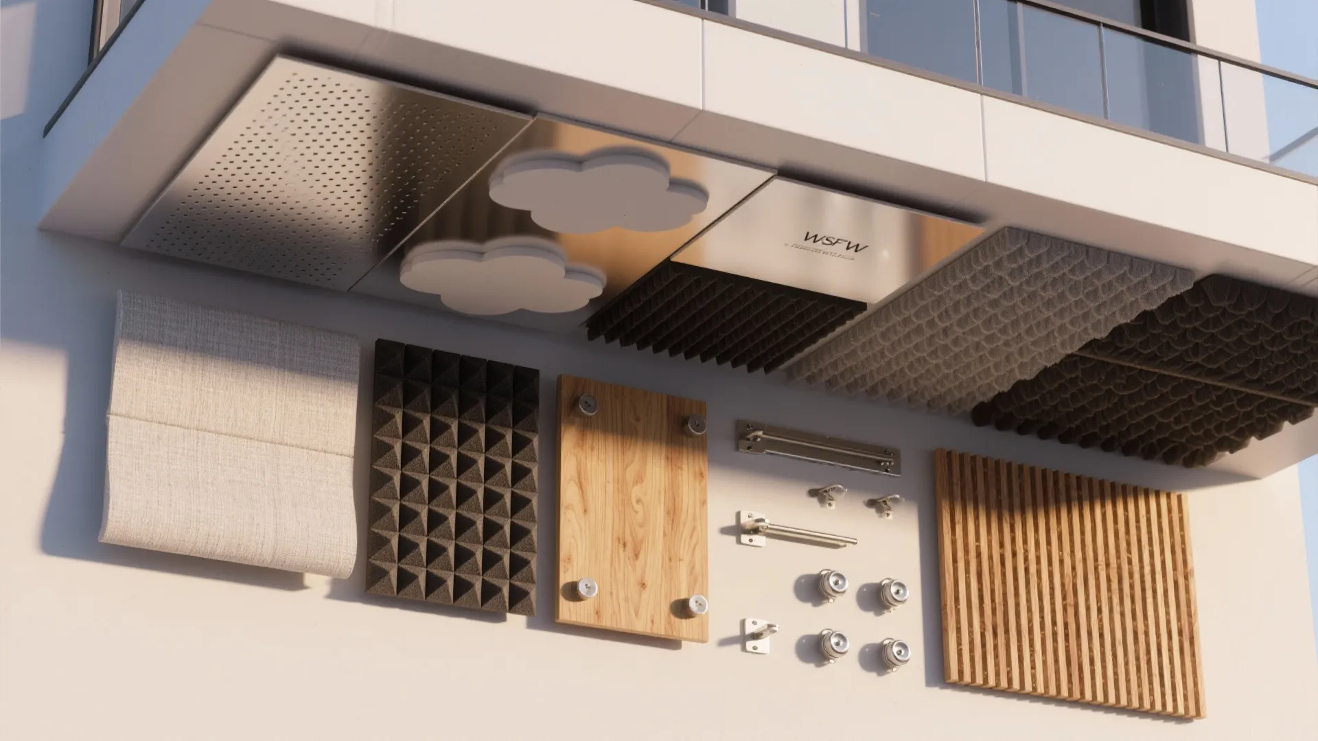 Flatlay of reflective soffits, perforated clouds, and absorptive panels for balcony acoustics tuning.