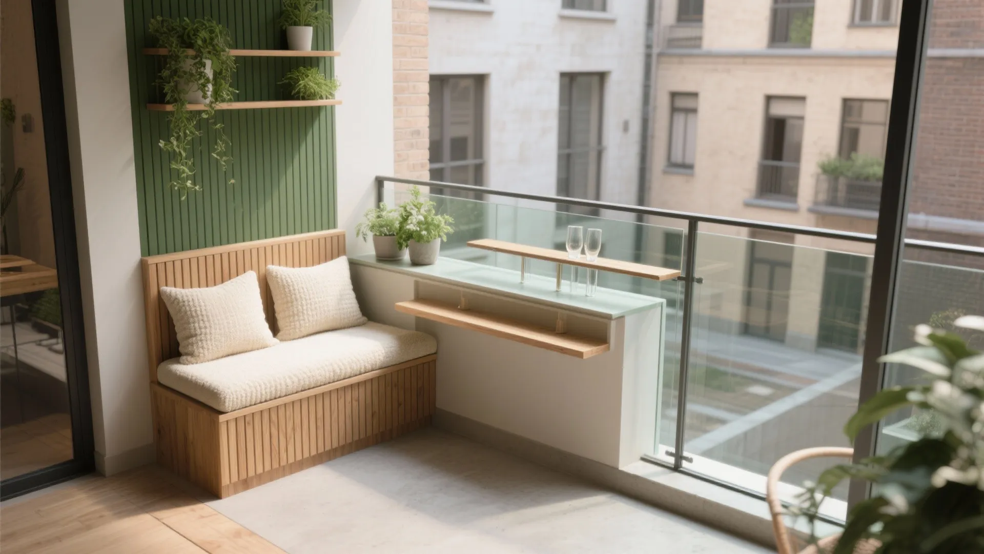 Modern balcony with wooden bench cream cushions green wall panel shelf plants and glass railing