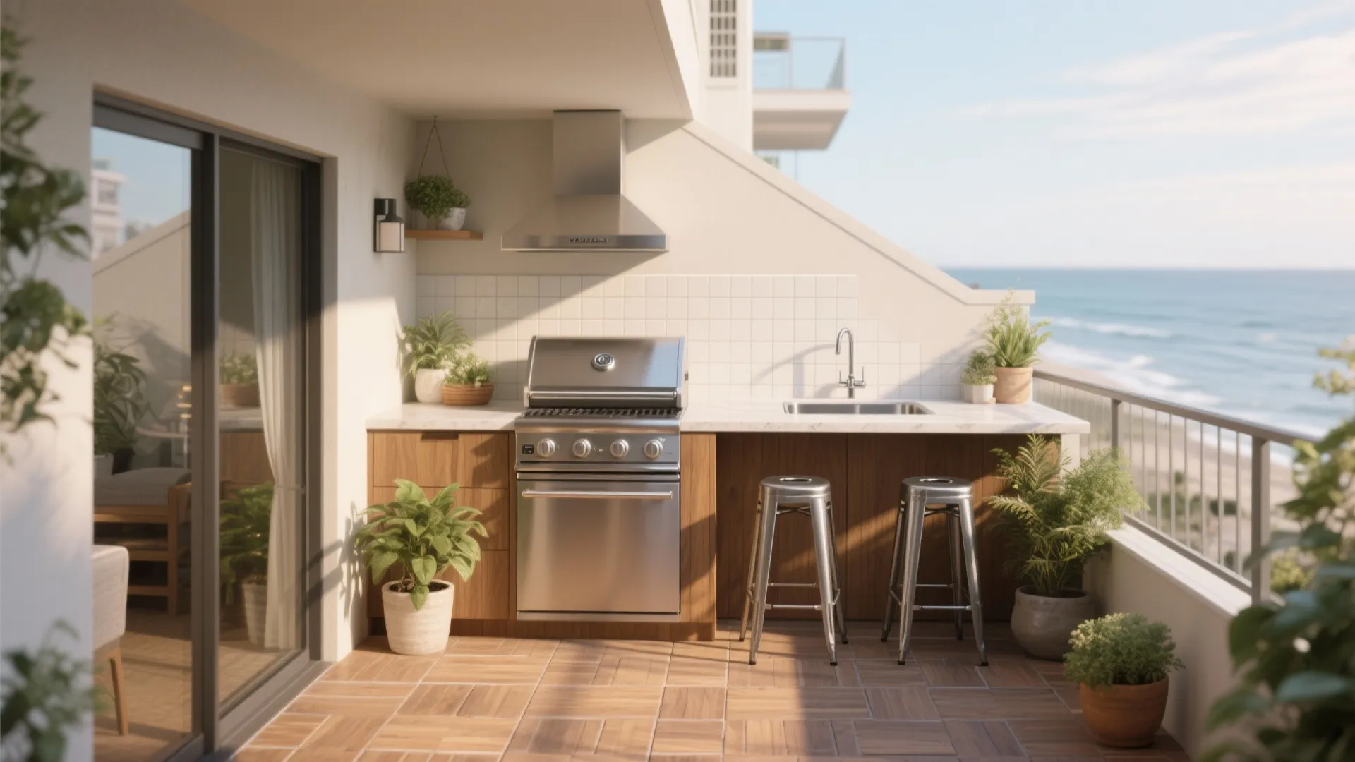 Modern balcony outdoor kitchen with metal grill sink wooden cabinets stools and beautiful ocean view