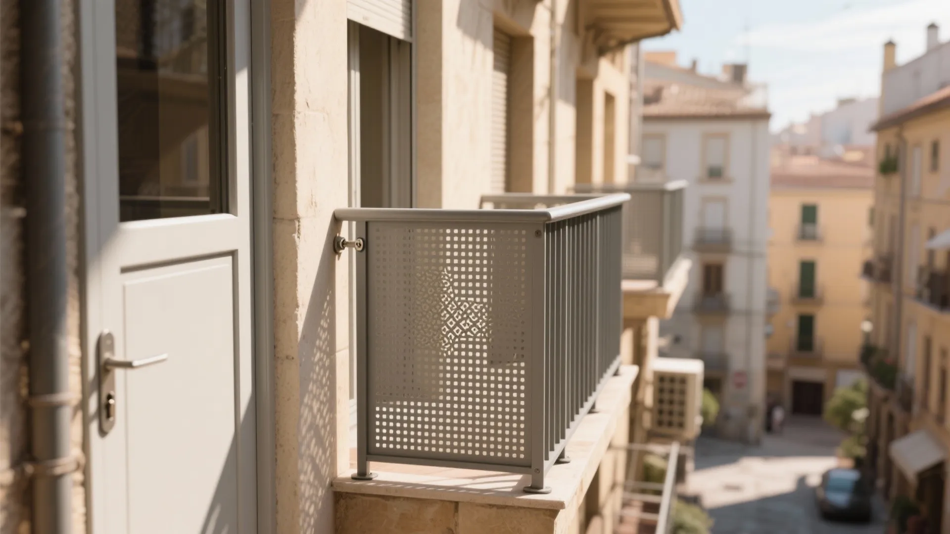 Micro-perforated aluminum screen inside the balcony rail with concealed fasteners and latch guard.