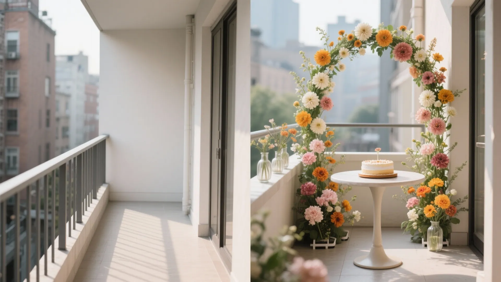 Before-and-after of a small balcony transformed with a floral arch, cake table, and bud vases.