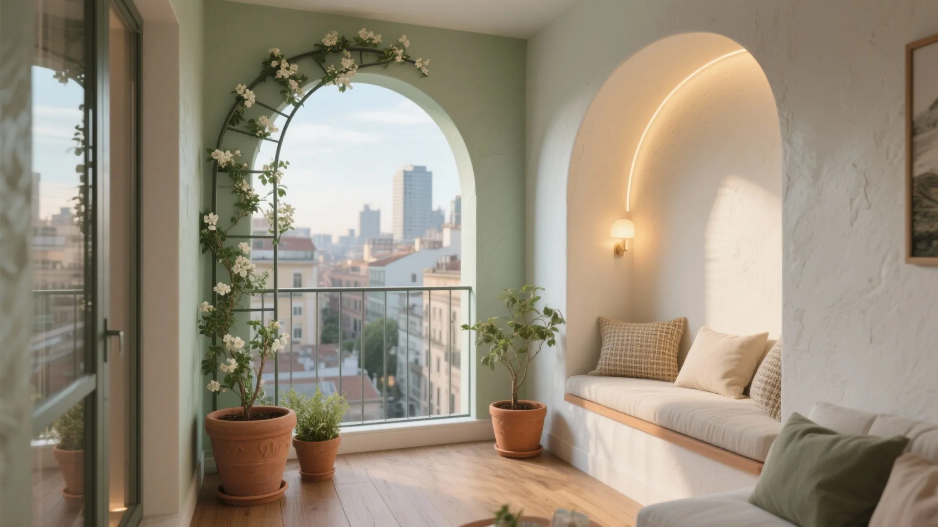 Modern balcony with green walls, arched window view, wooden floor, cozy bench, and potted plants