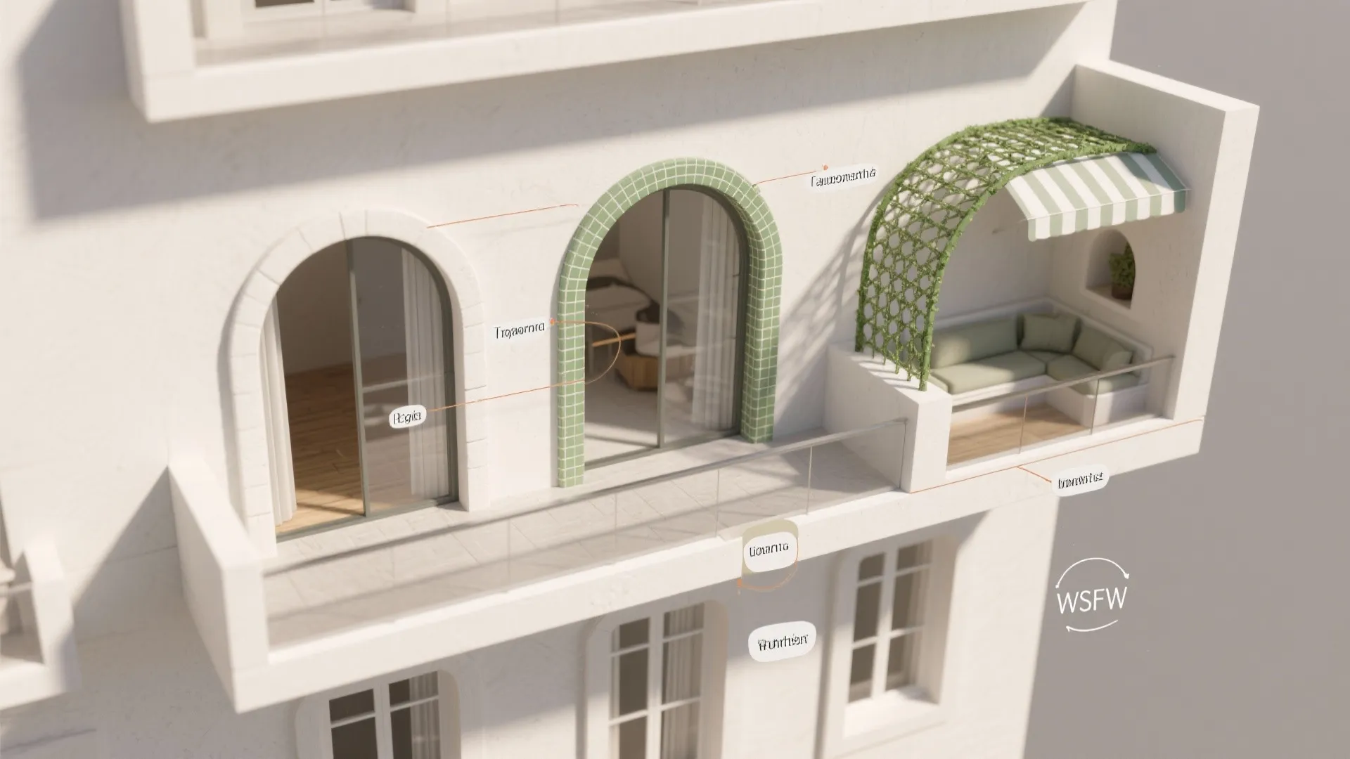Top-down layout showing various balcony arch options from indoor to outdoor in a compact plan.