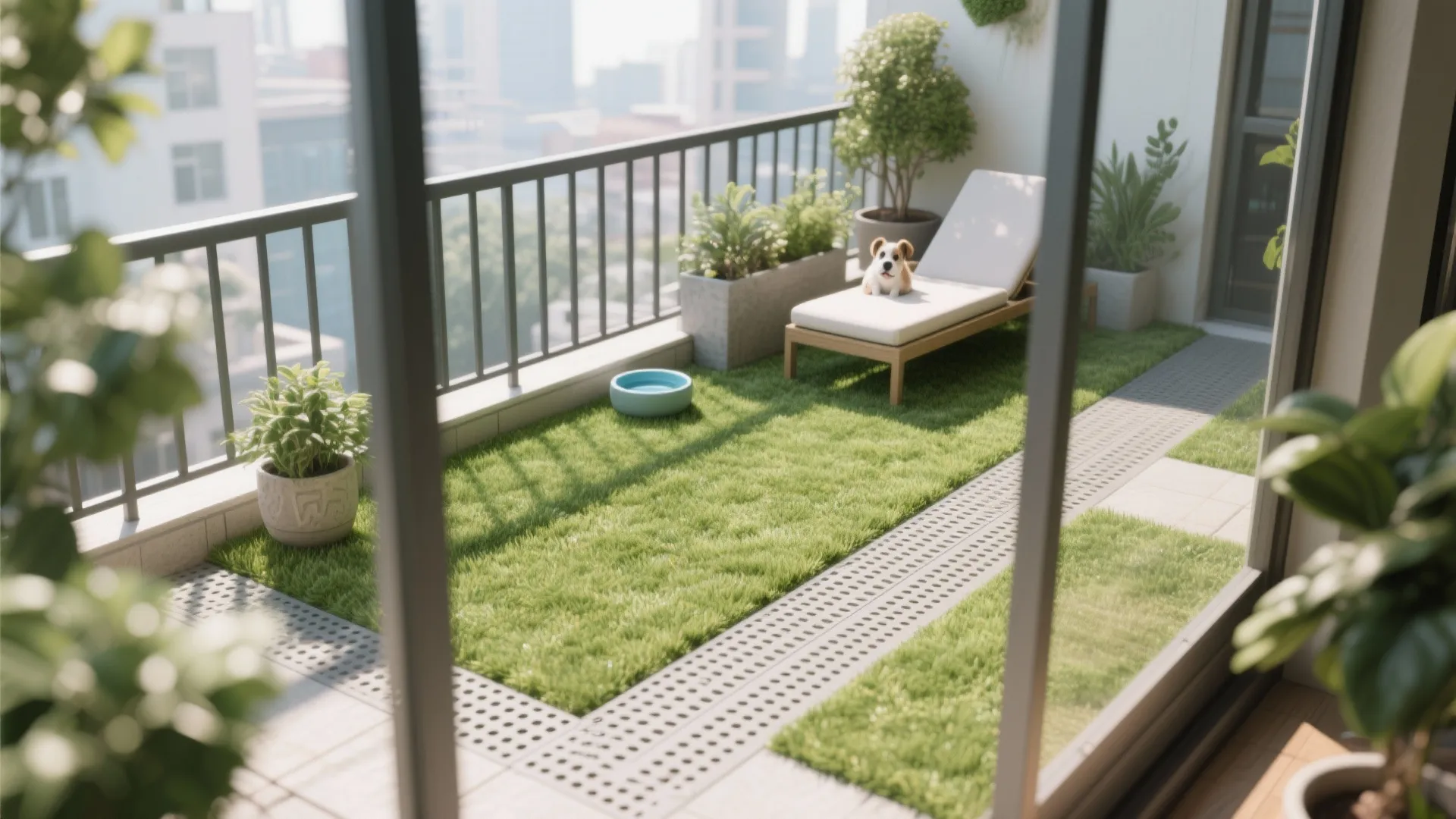 Small balcony with realistic artificial grass over a permeable pad, chaise lounge, and planters.