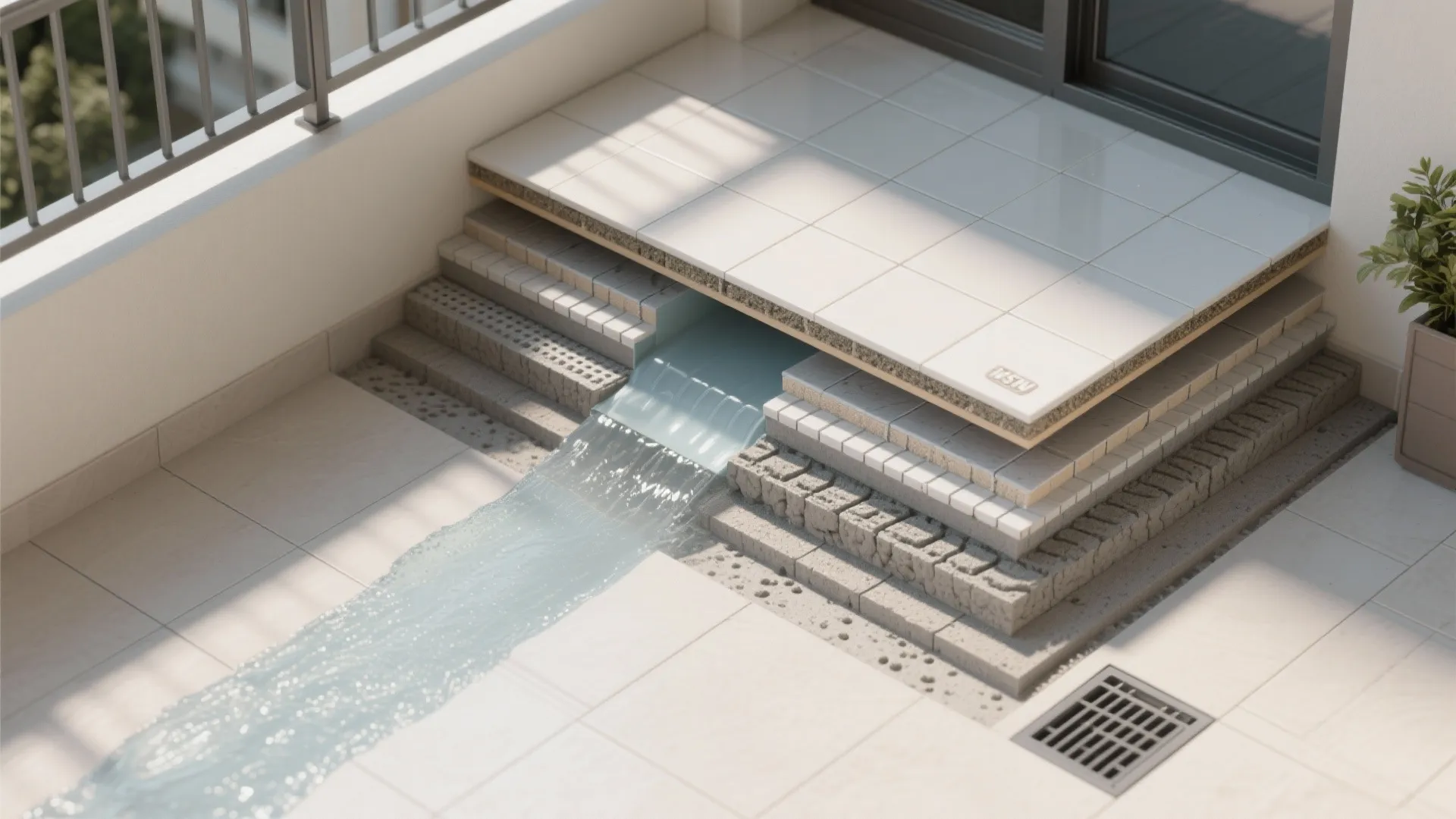 Top-down cutaway of balcony tile build-up with membranes, slope, and movement joints.