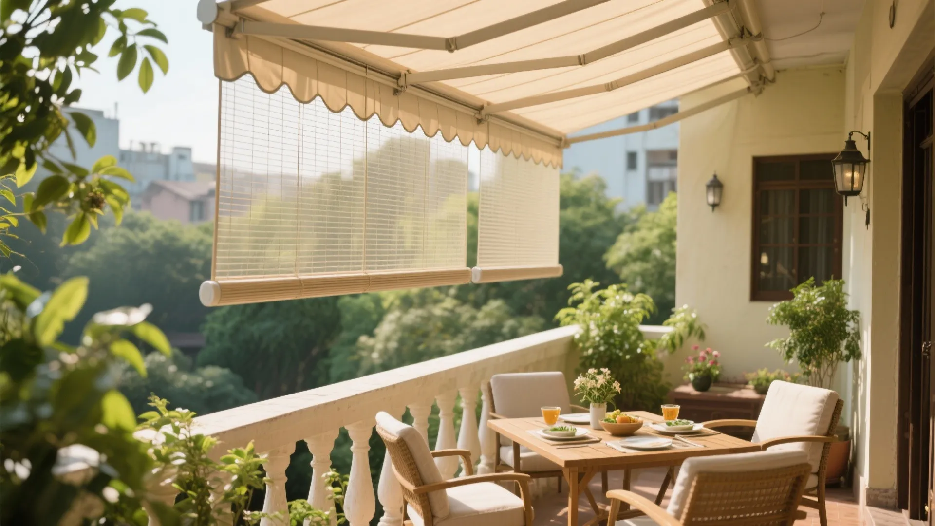 Outdoor balcony with white retractable awning and bamboo screens over a wooden table with plants