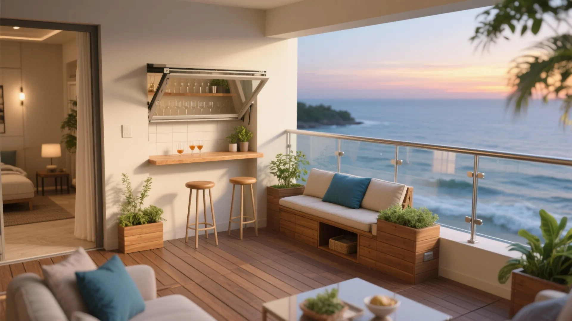 Outdoor balcony bar with wooden stools sofa and ocean view during sunset for relaxing home living
