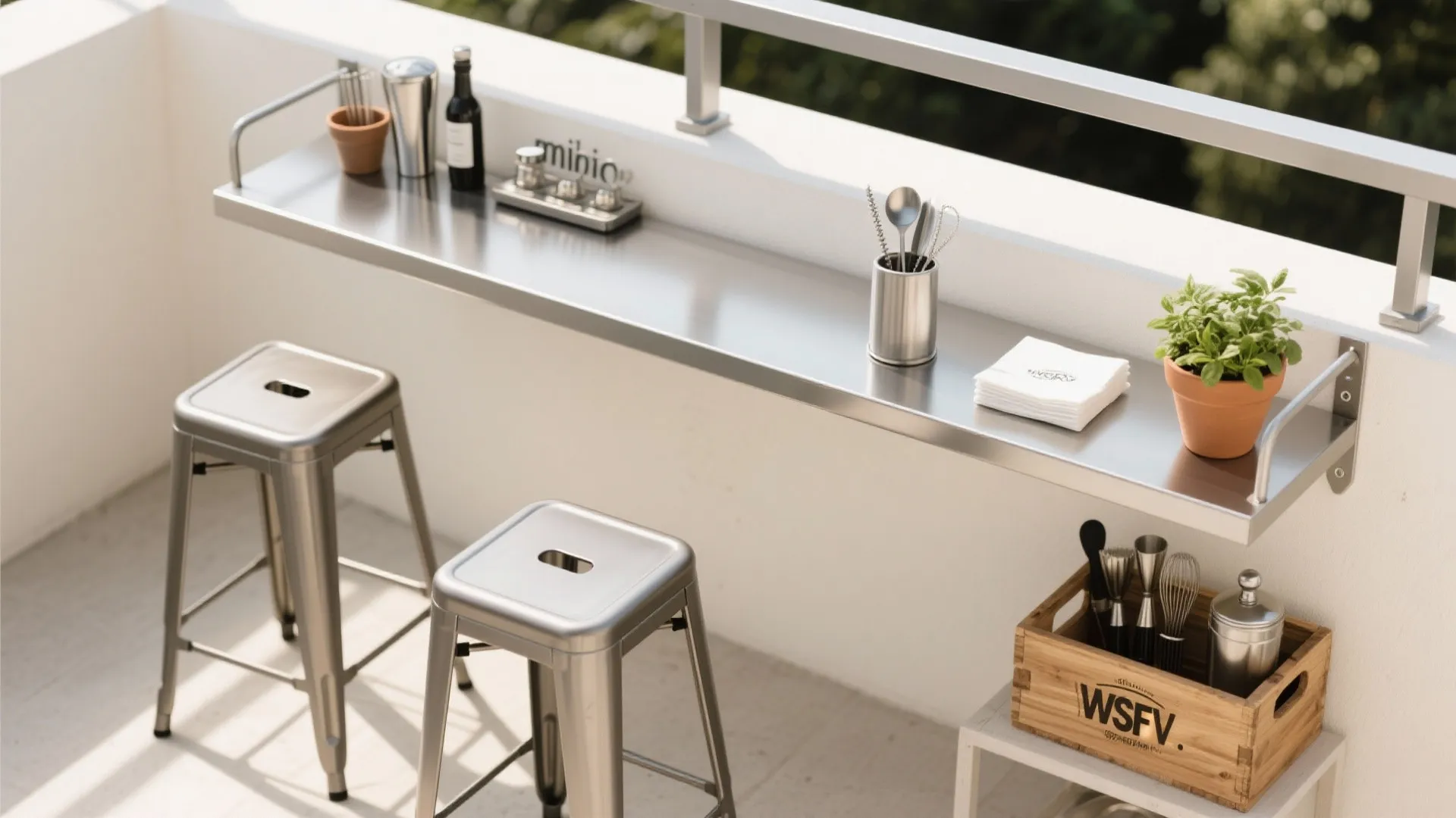 Flat lay of rail shelf hardware, stools with drain holes, crate, bar tools, and herb pots.