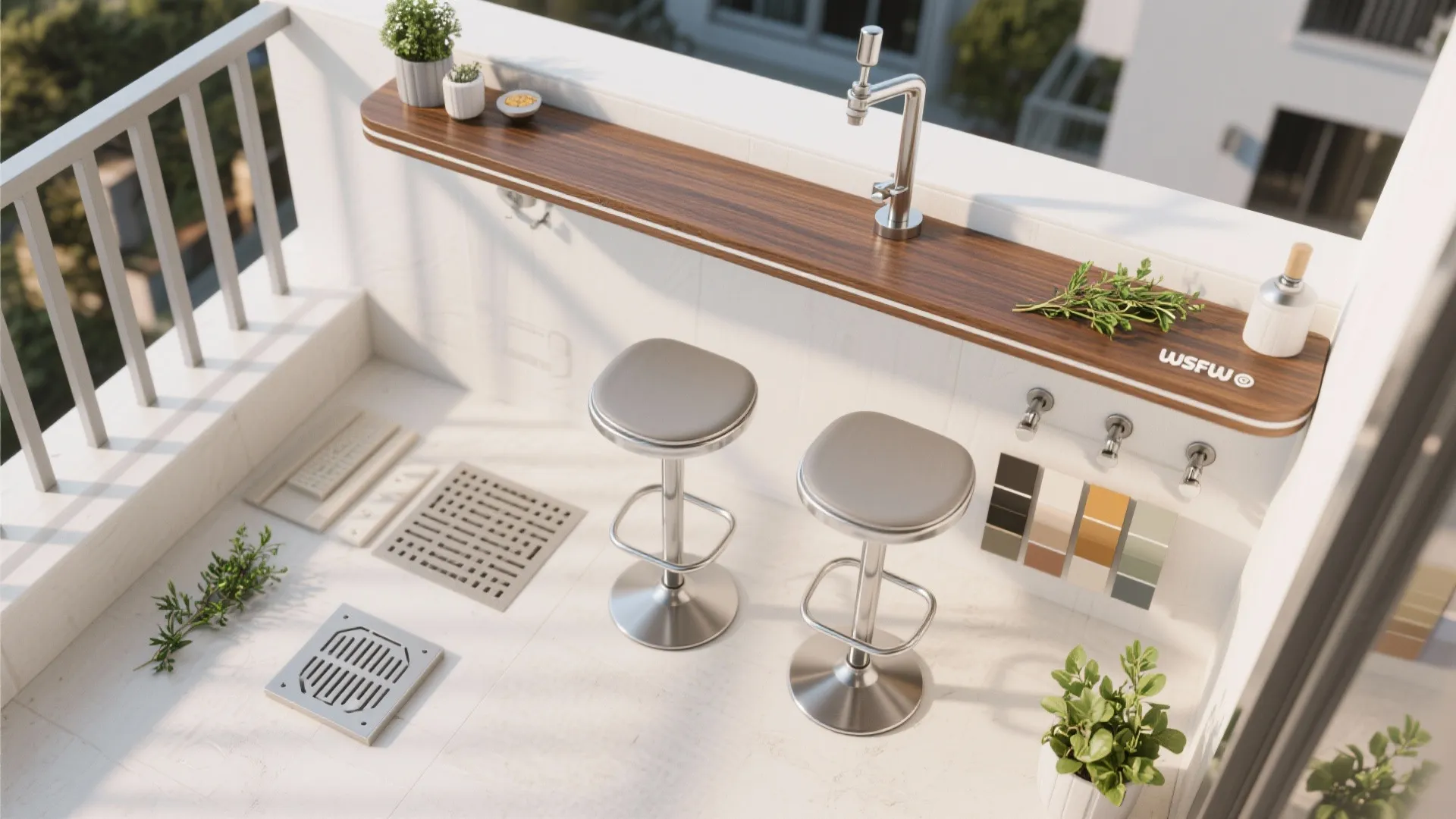 Flatlay of outdoor bar materials and hardware with neutral palette and herb accents.