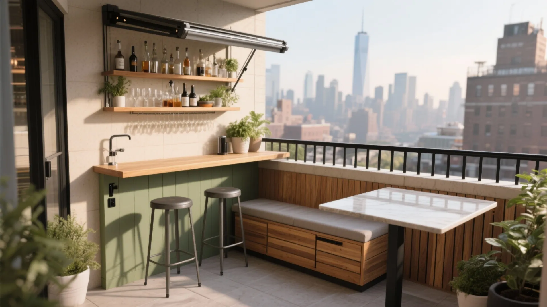 Modern balcony bar with wooden counter green cabinets bar stools and city skyline view outdoor