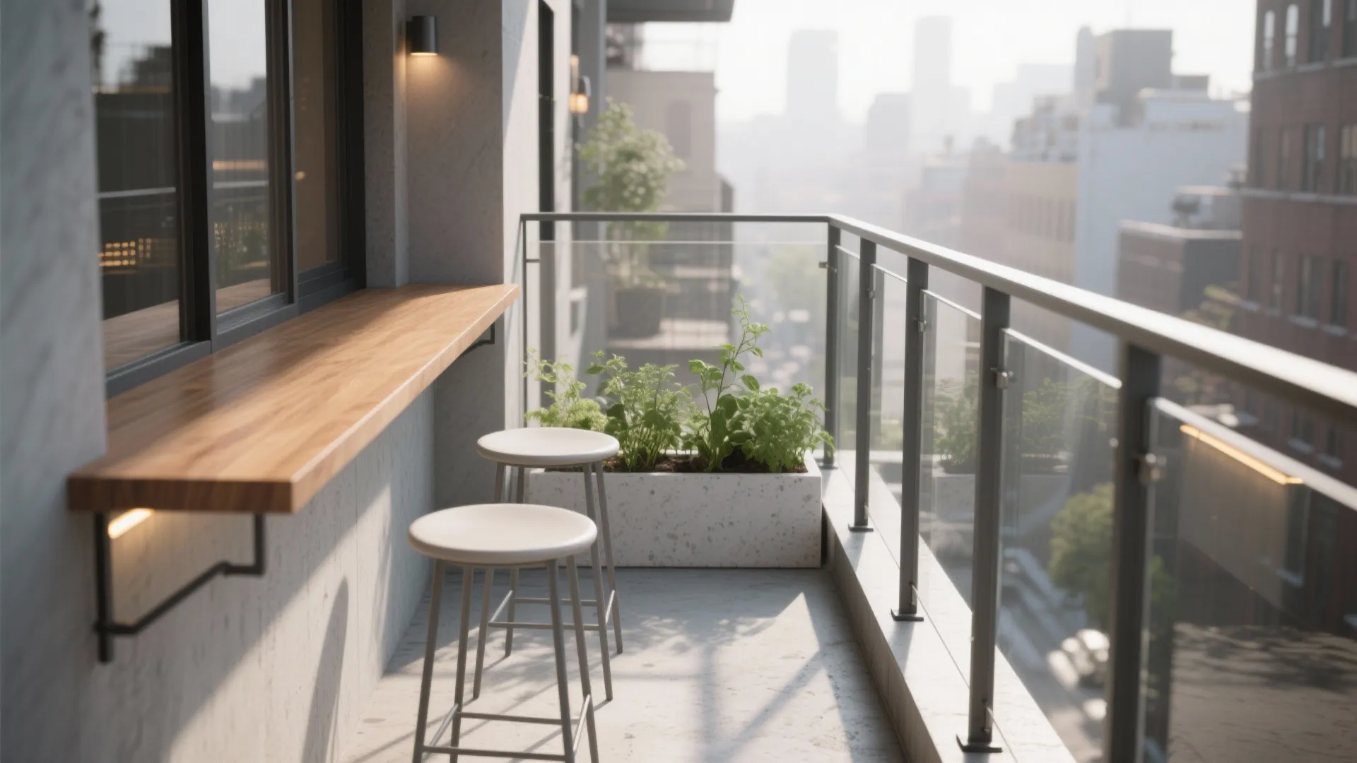 Small balcony with a wooden bar counter two white stools green plants and city view
