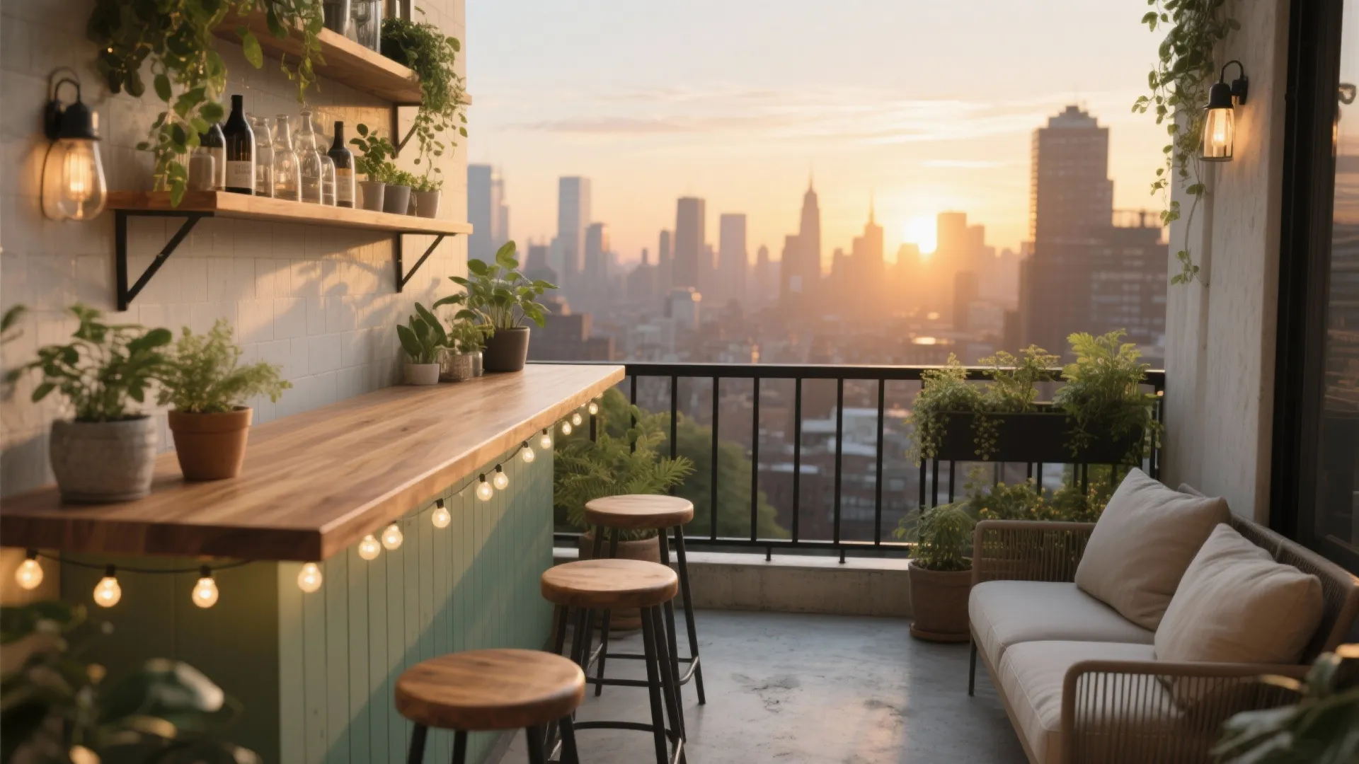 Modern balcony bar with wooden counter stools white sofa green plants and city sunset view