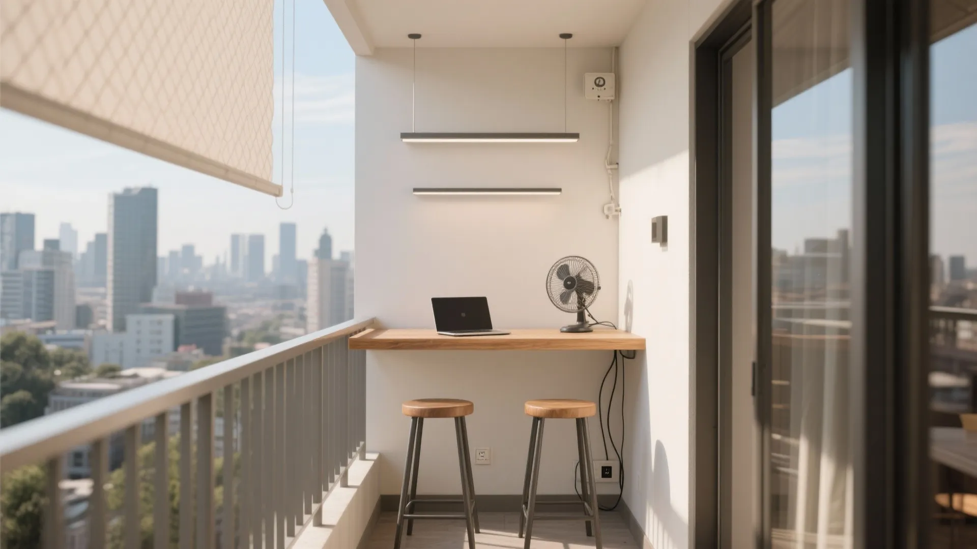 Modern balcony workspace with wooden bar table stools laptop electric fan and city view background