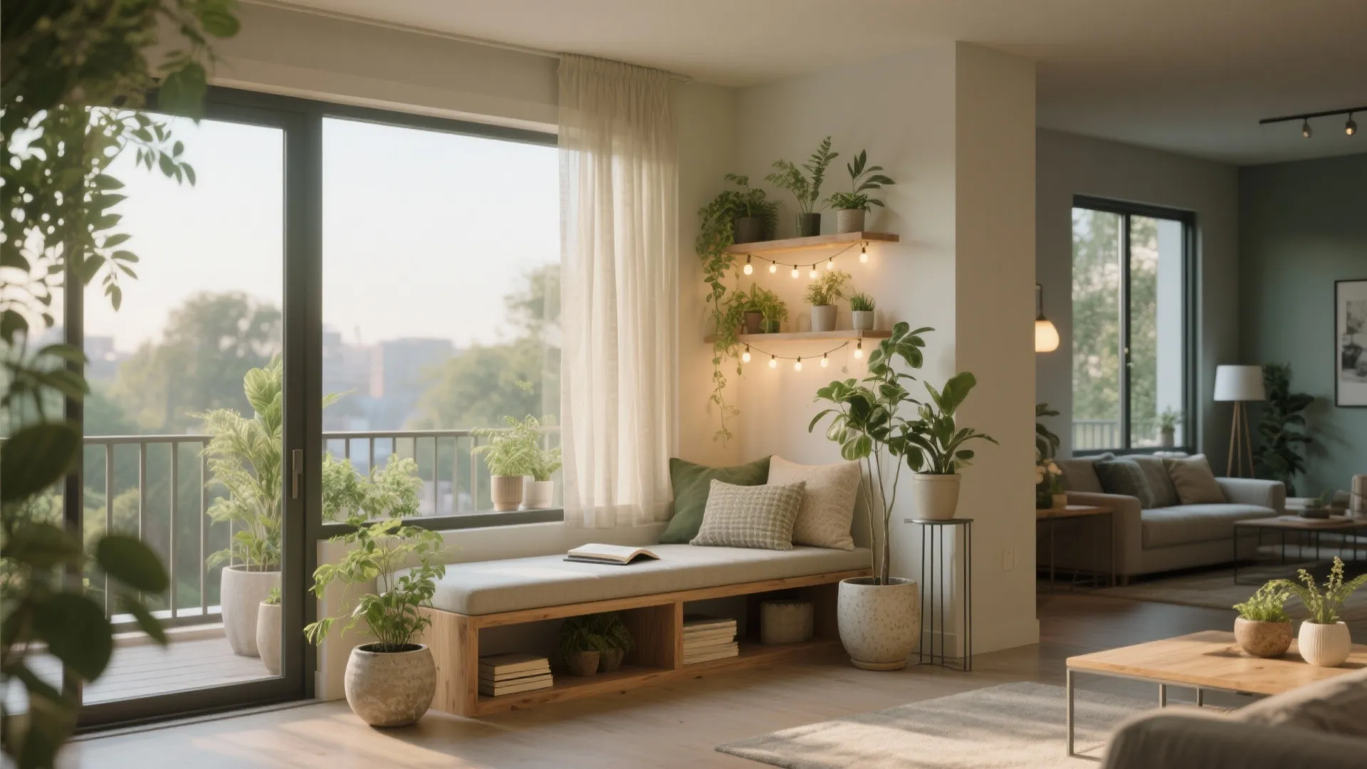 Balcony-to-bay window nook and biophilic layering