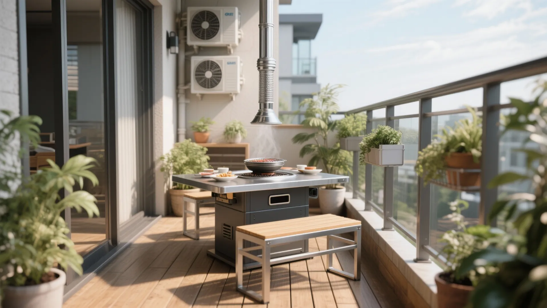 Modern balcony setup featuring a barbecue grill table with benches potted plants and city view