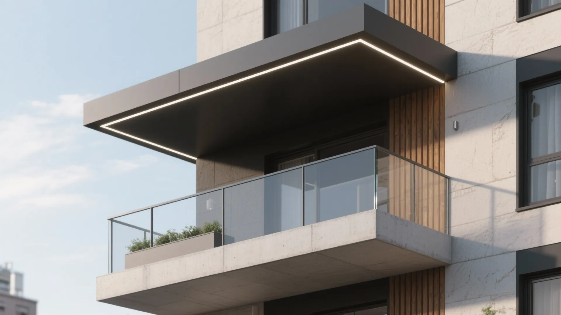 Concrete apartment balcony with glass railing and built in ceiling light strip for modern design