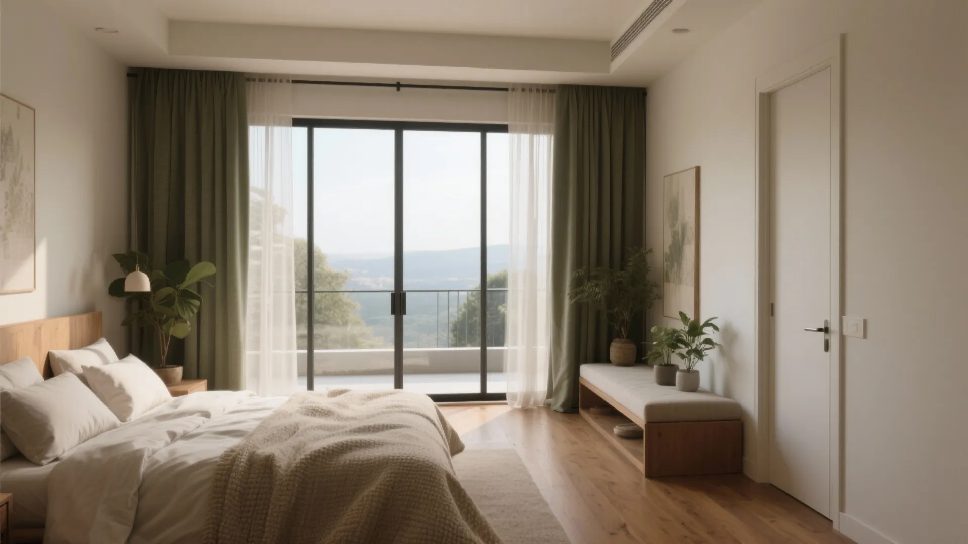 Modern bedroom with large glass doors opening to a balcony, green curtains, and wooden floor