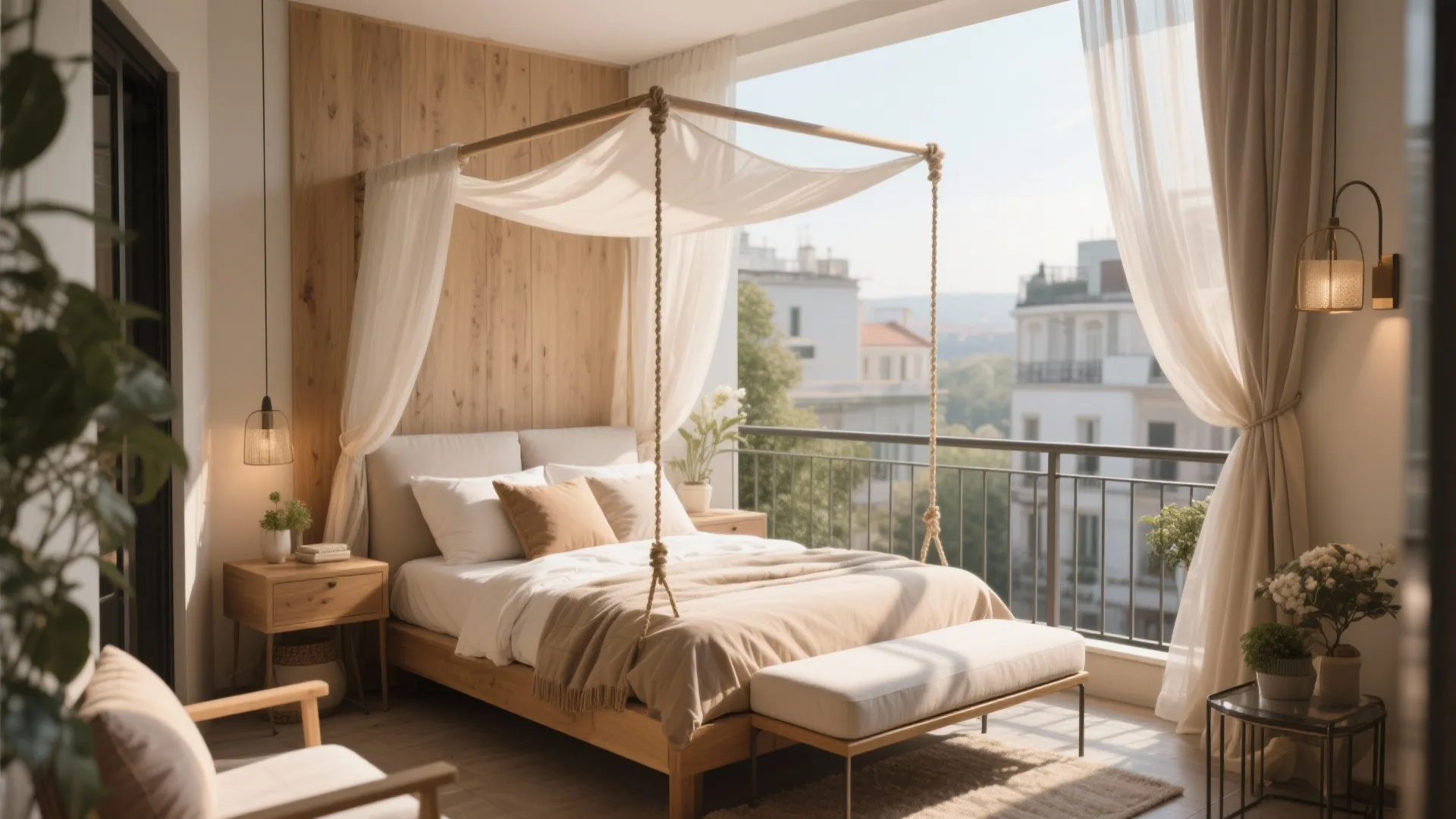 Cozy balcony bedroom featuring canopy bed wooden wall panel side table light fixture and city