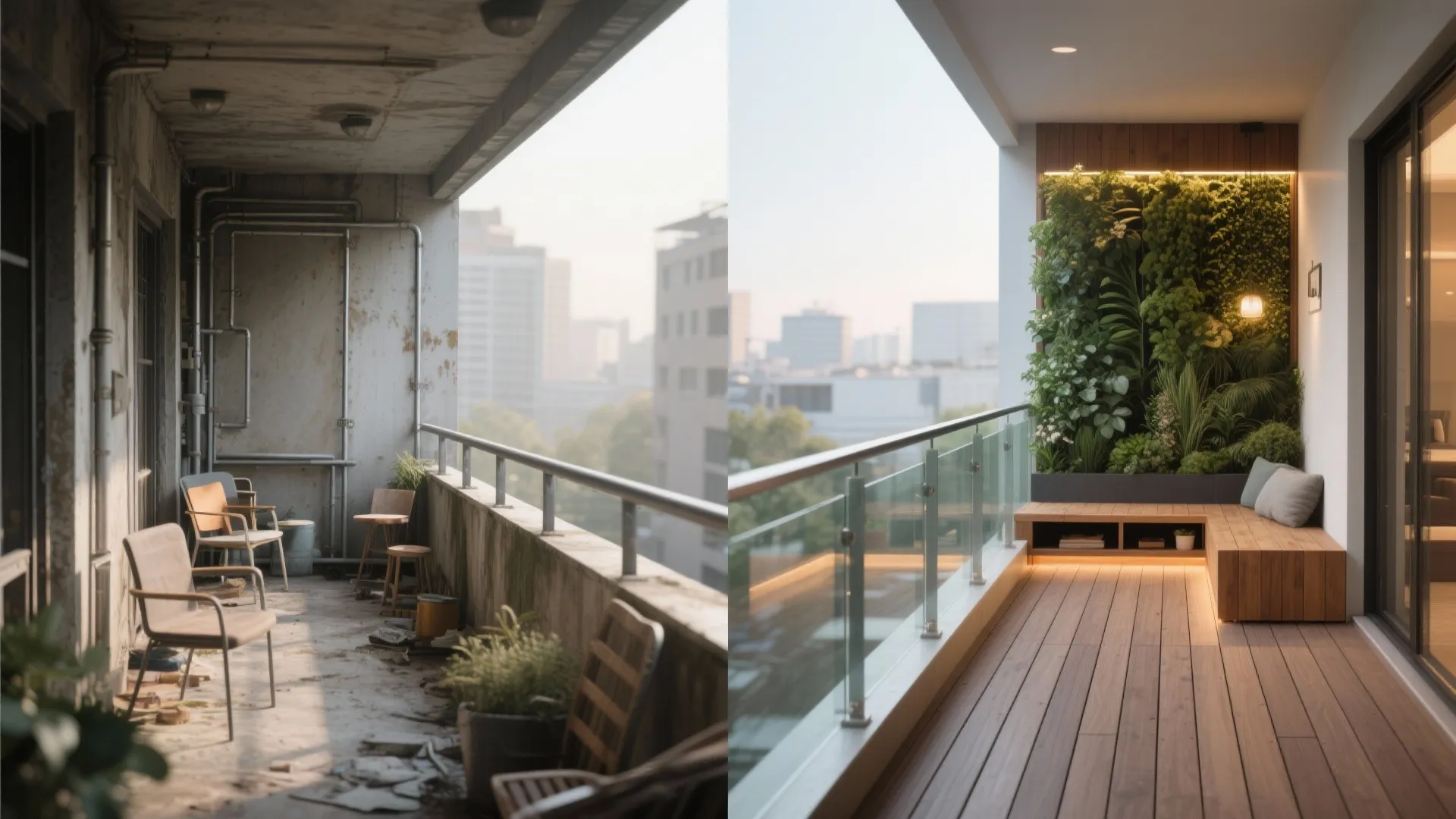 Before and after comparison of an old messy balcony transformed into a modern wooden terrace