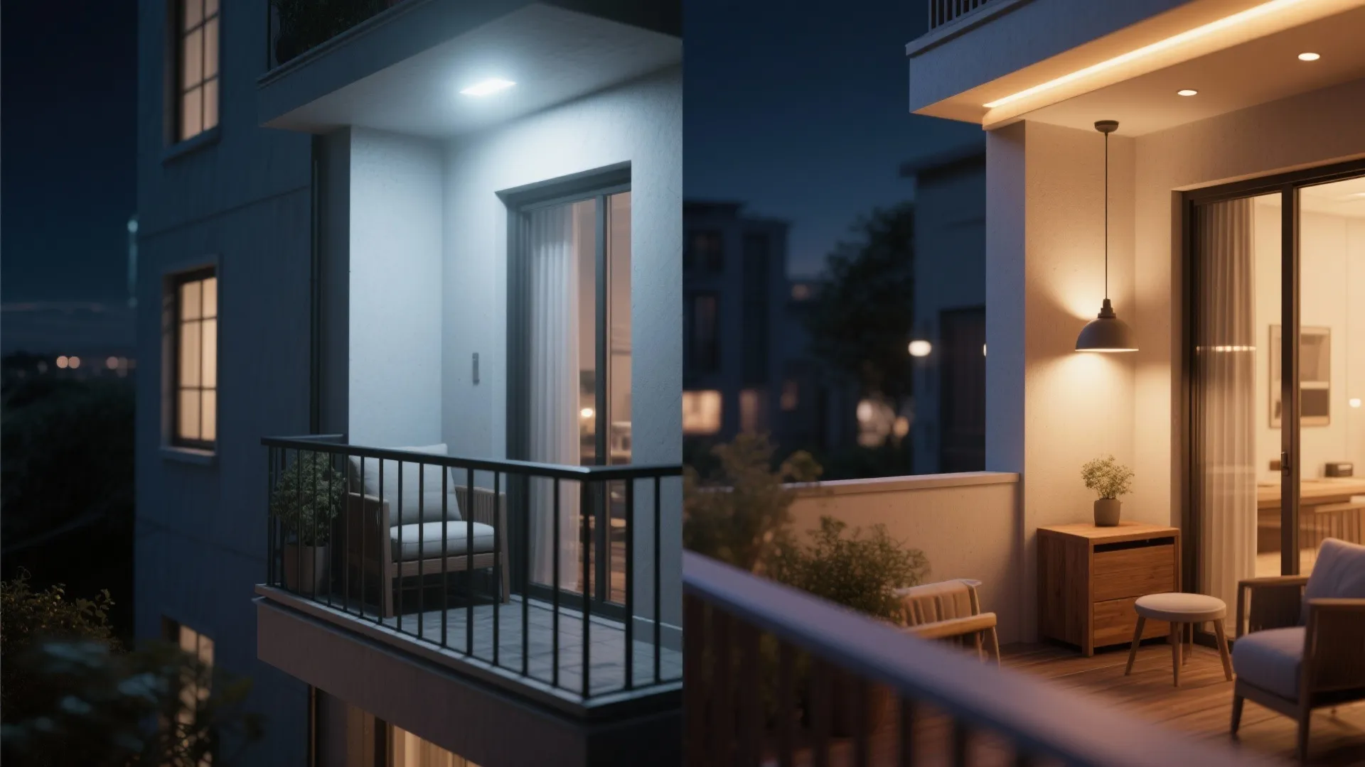 Before and after comparison of balcony lighting showing cold white light versus warm yellow lighting