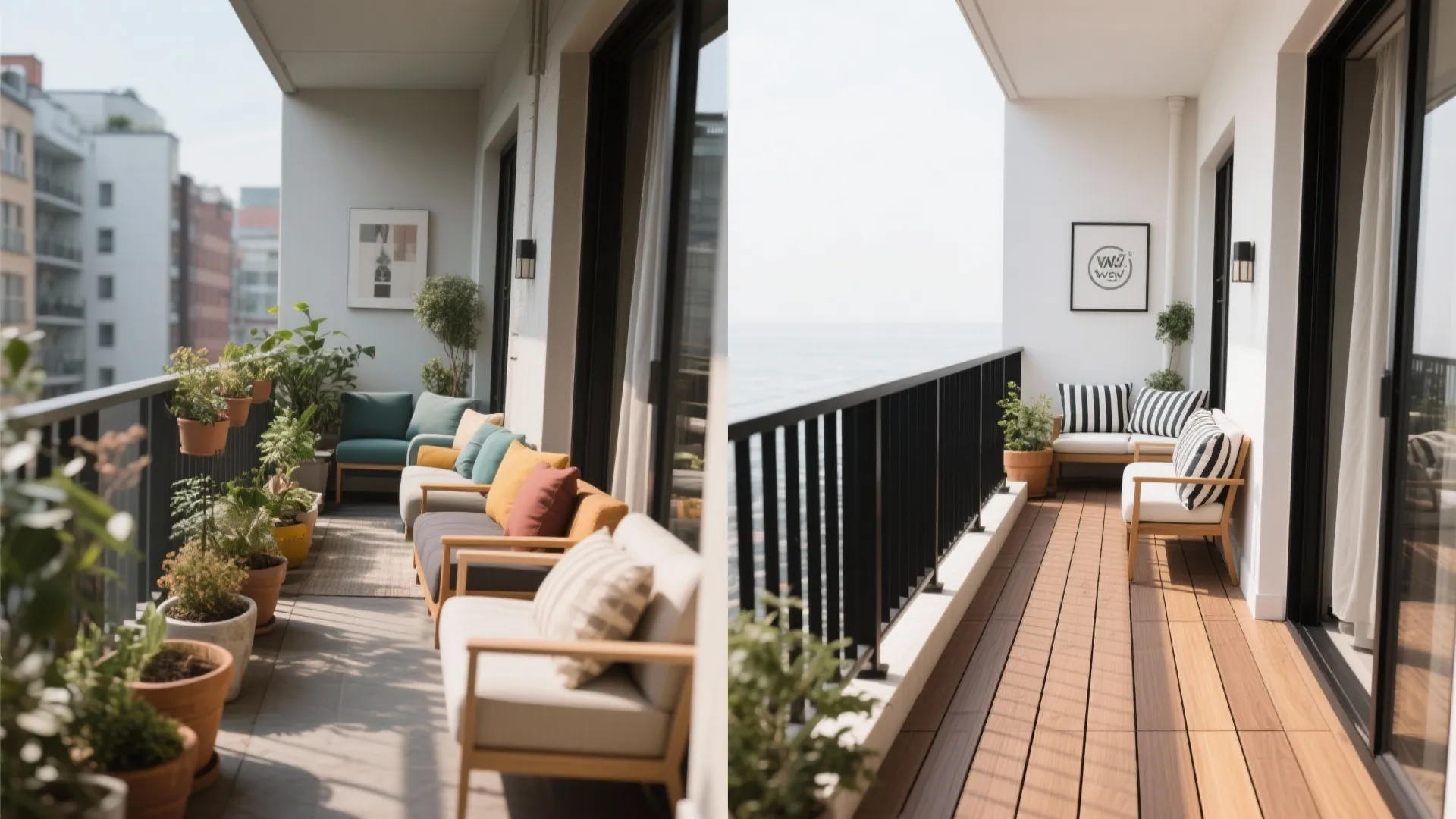 Before-and-after of a 6-foot balcony showing a slim materials palette and decluttered layout.