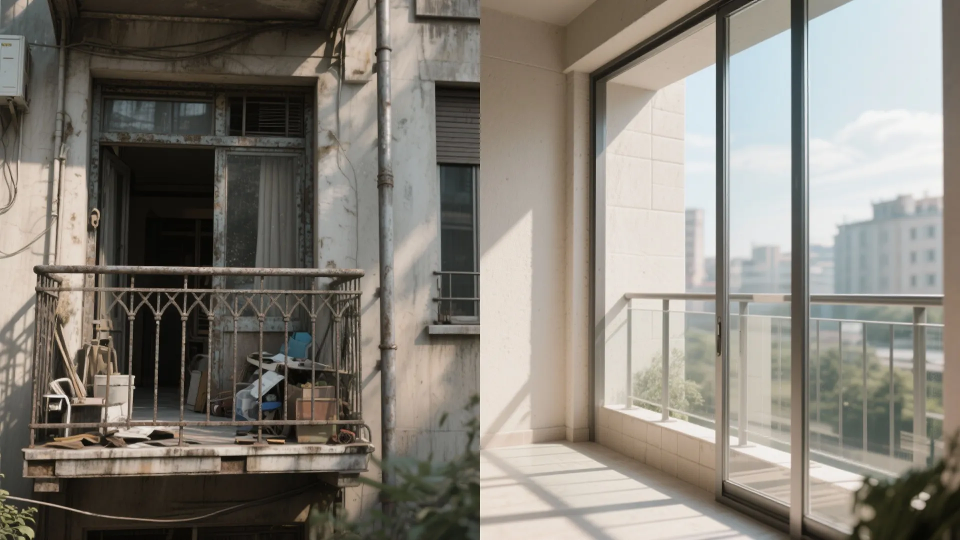 Before-and-after of a tiny balcony transforming from heavy bars to a slim-post glass guard.