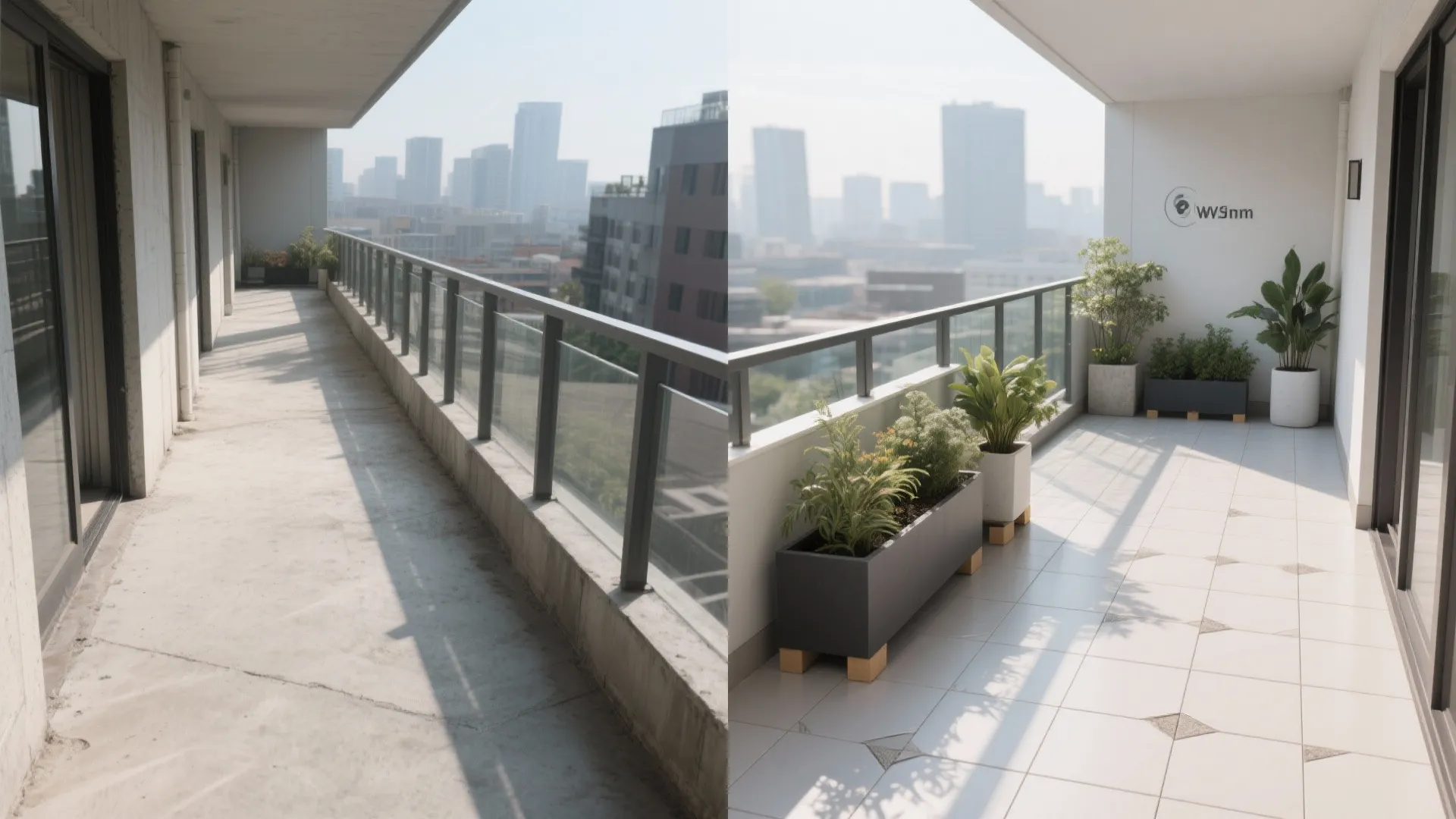Before-and-after of a balcony from concrete slab to porcelain pavers with planters.