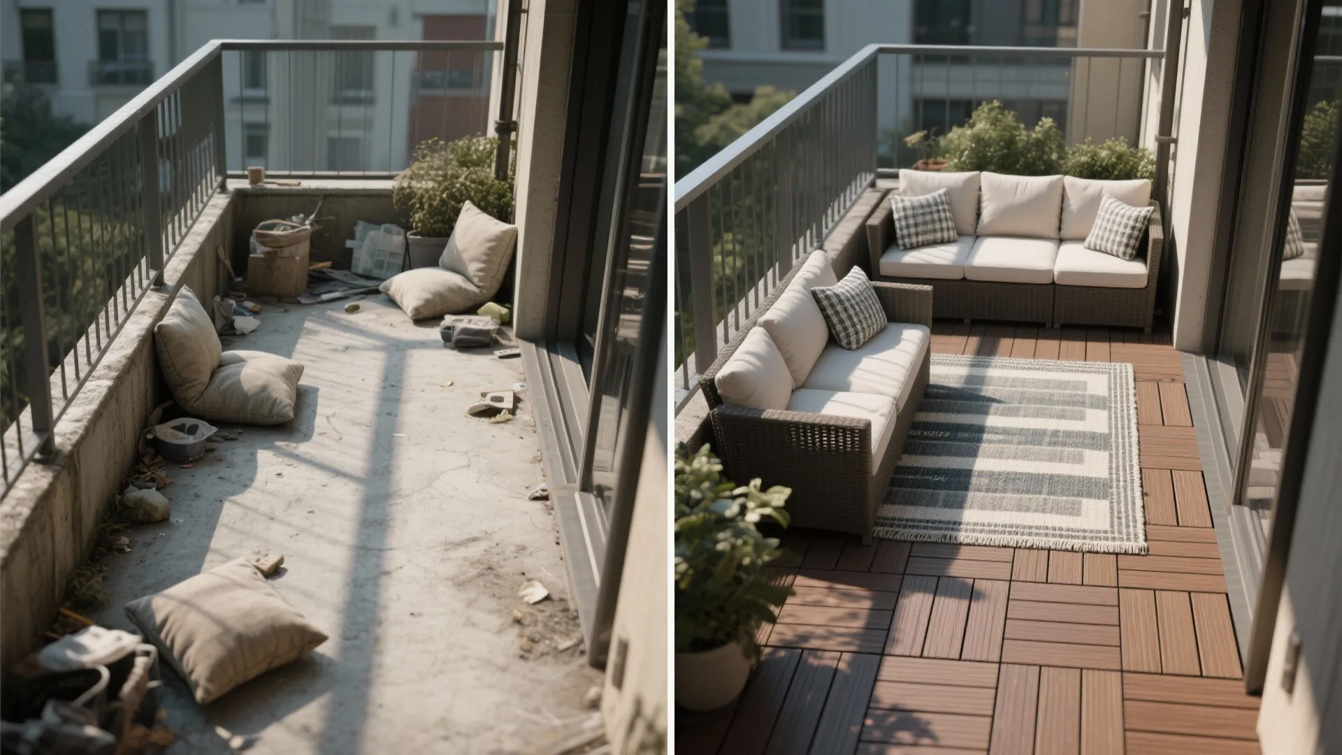 Before: bare concrete and clutter; After: composite tiles, quick-dry rug, and neat cushions on a small balcony.