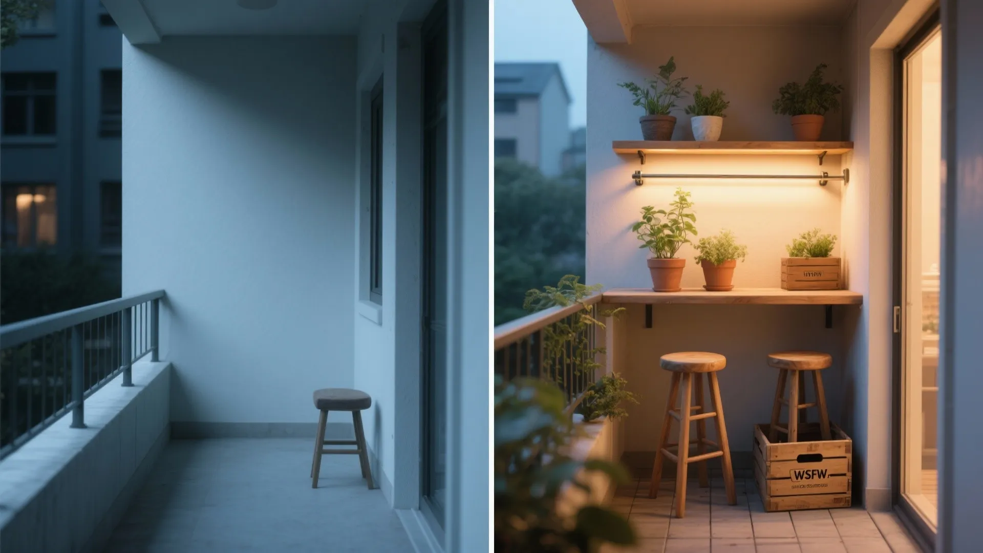 Before-and-after of a small balcony transformed into a micro-bar with a rail-mounted shelf and stools.