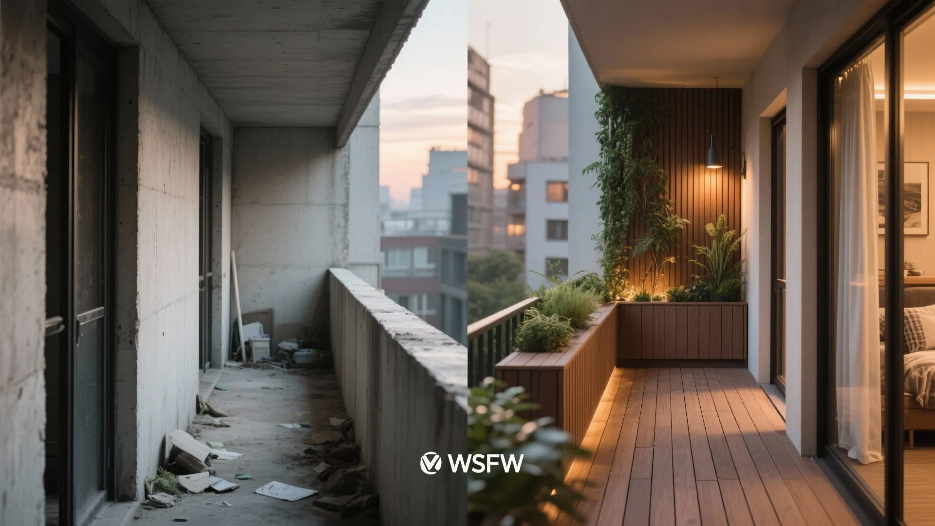Before and after comparison of an empty concrete balcony versus a renovated wood floor balcony
