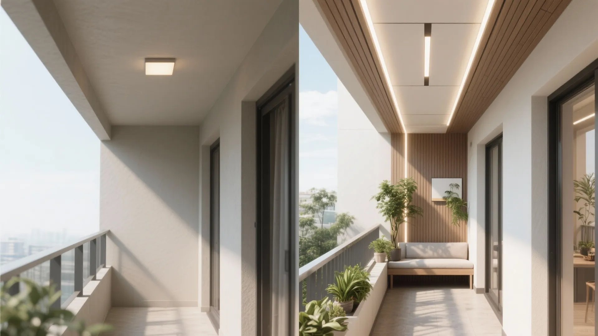 Before-and-after renovation comparison showing a plain balcony versus a modern design with sofa and plants