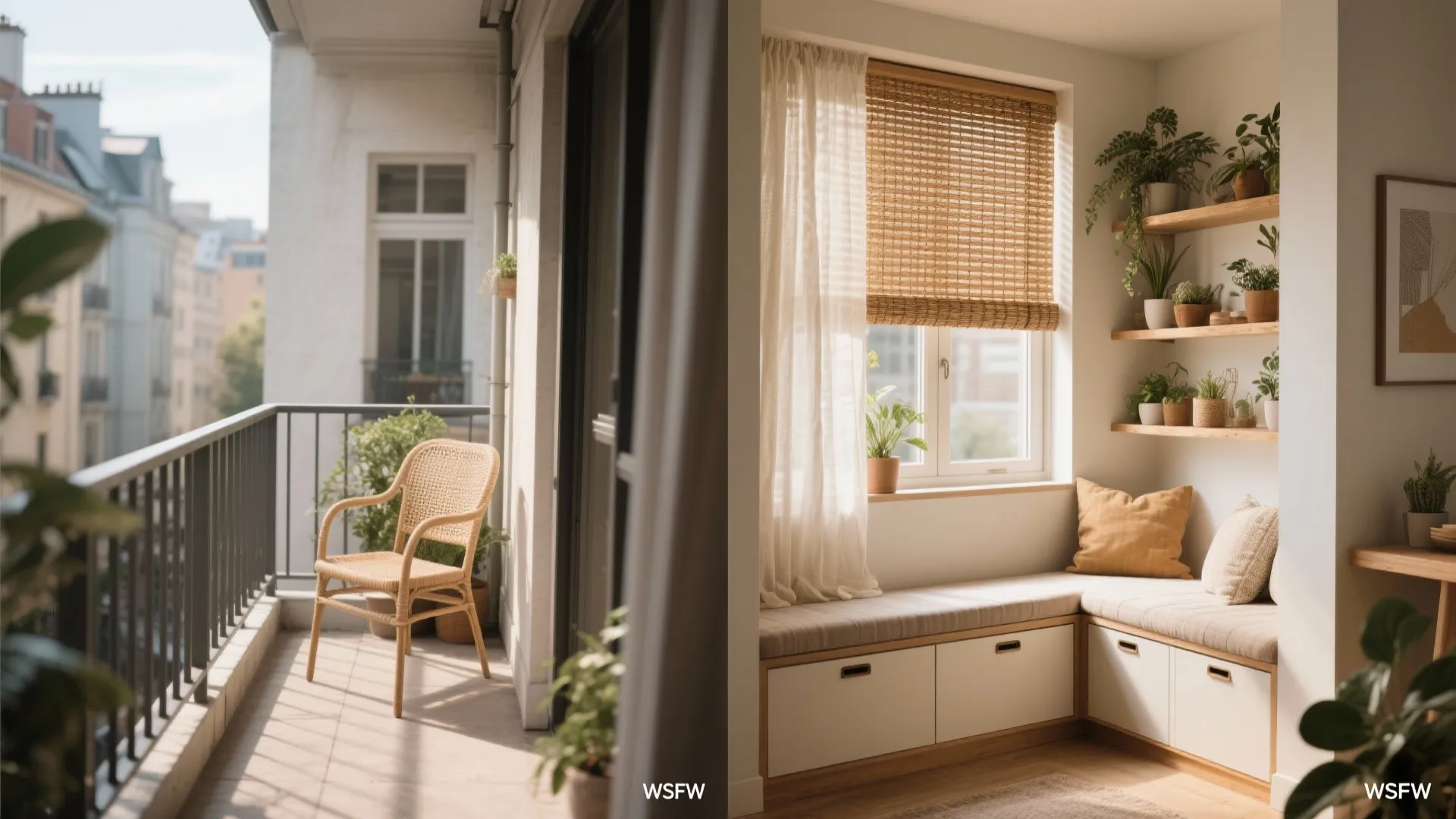 Before-after of a small balcony converted to an indoor bay bench with storage and soft window treatments.