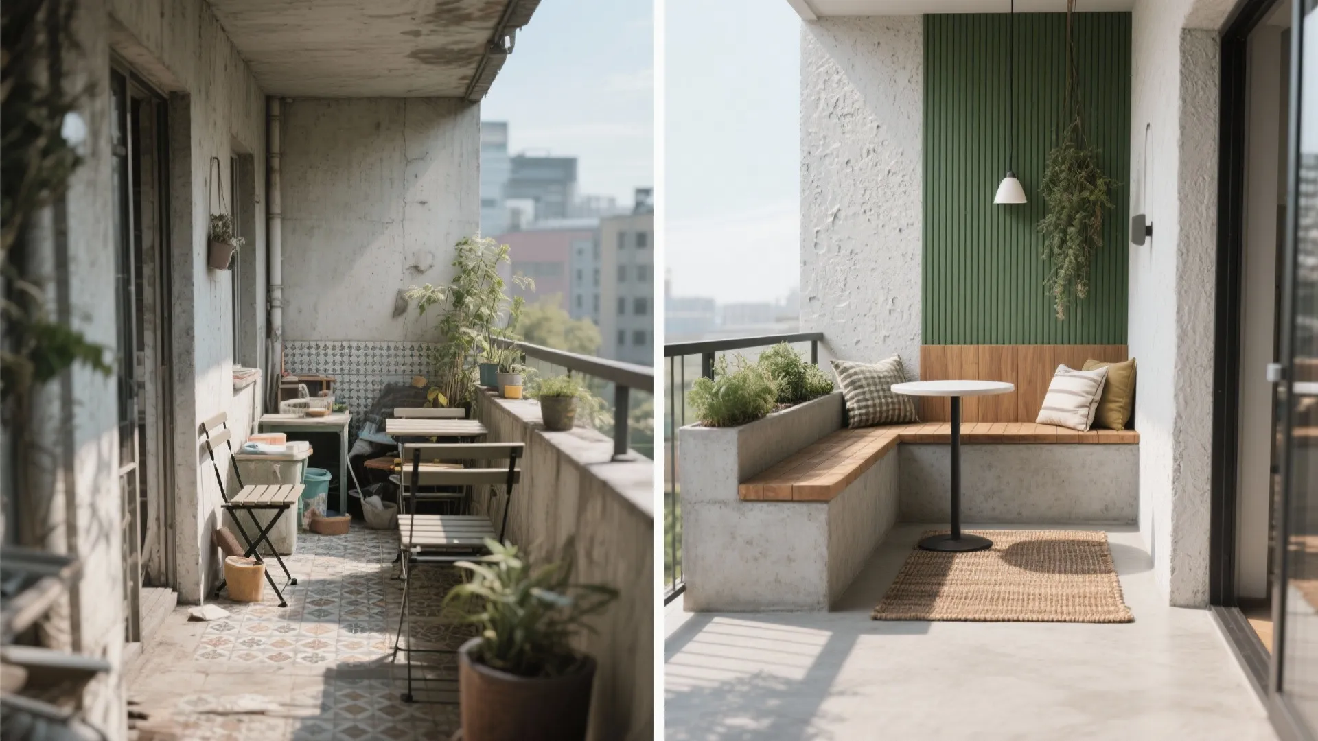 Before and after comparison of a messy old balcony and a modern outdoor seating area