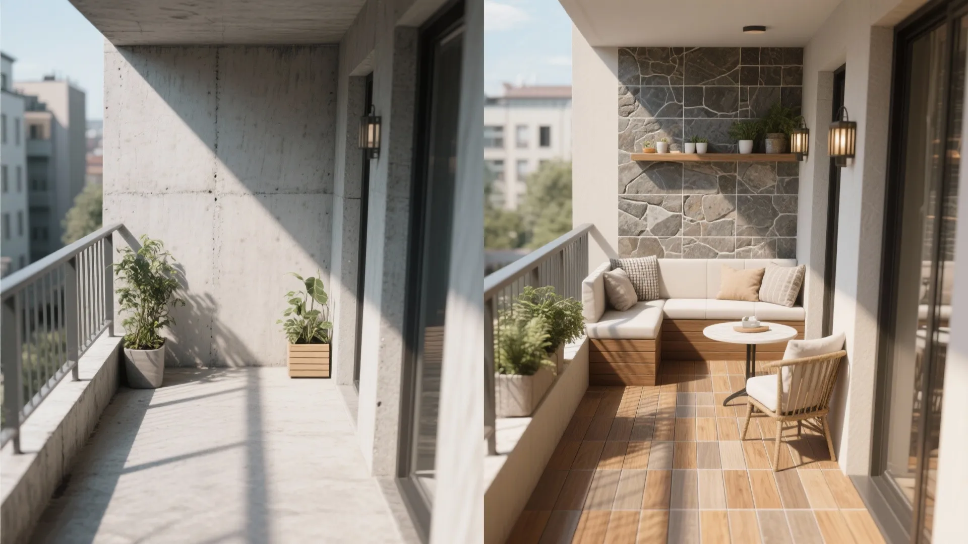 Before-and-after of a small balcony transformed with tile and planters.