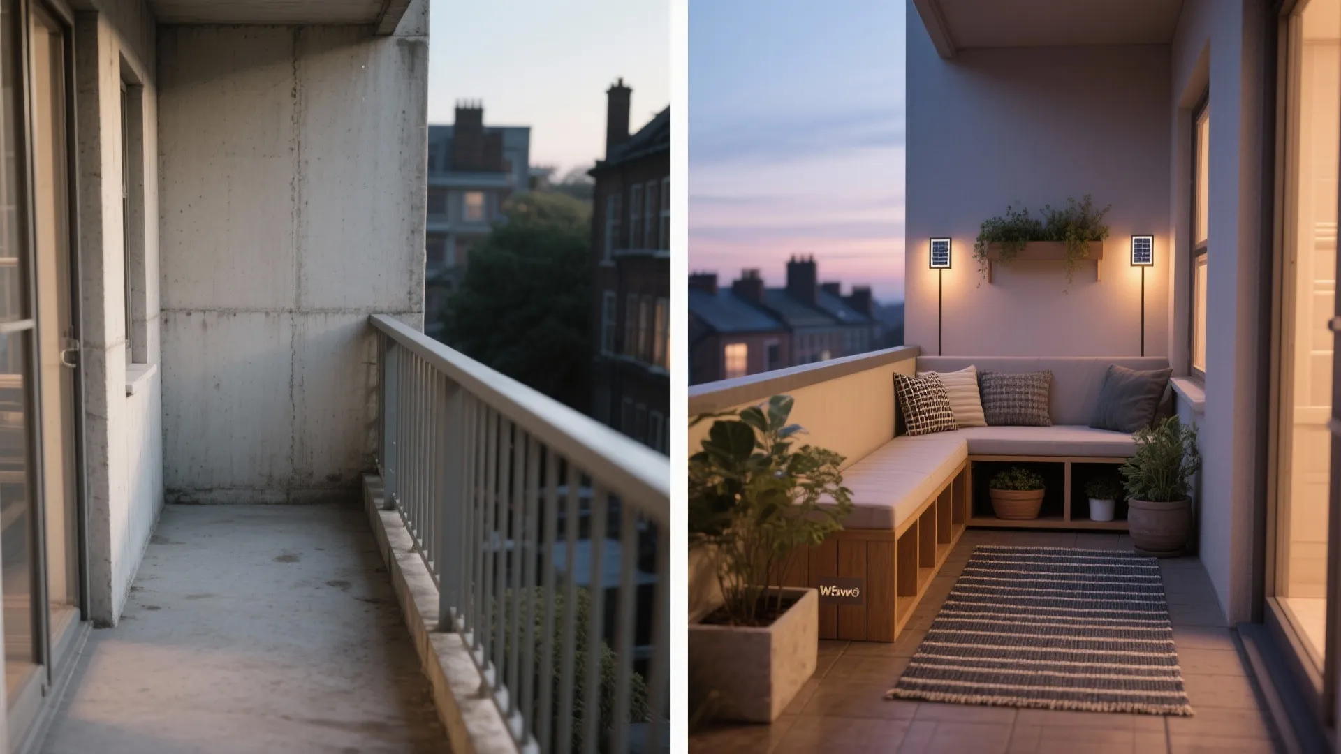 Before and after comparison of an empty concrete balcony transformed into a cozy outdoor seating area