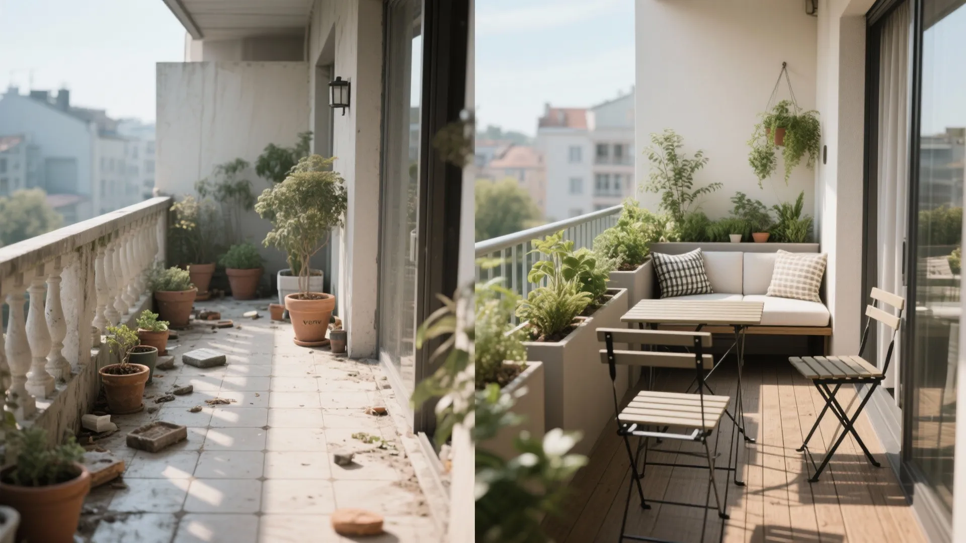 Before: cluttered balcony; After: slim bistro set with planters and cohesive styling.