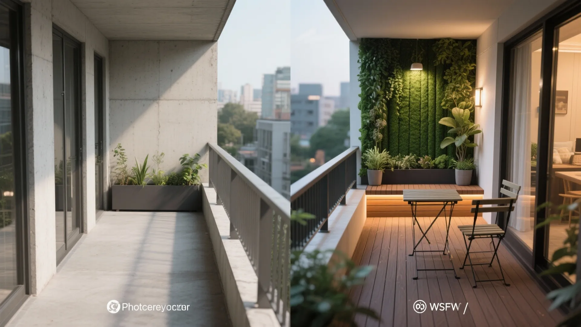Before-and-after comparison of a compact balcony transformed with greenery, seating, lighting, and decking.