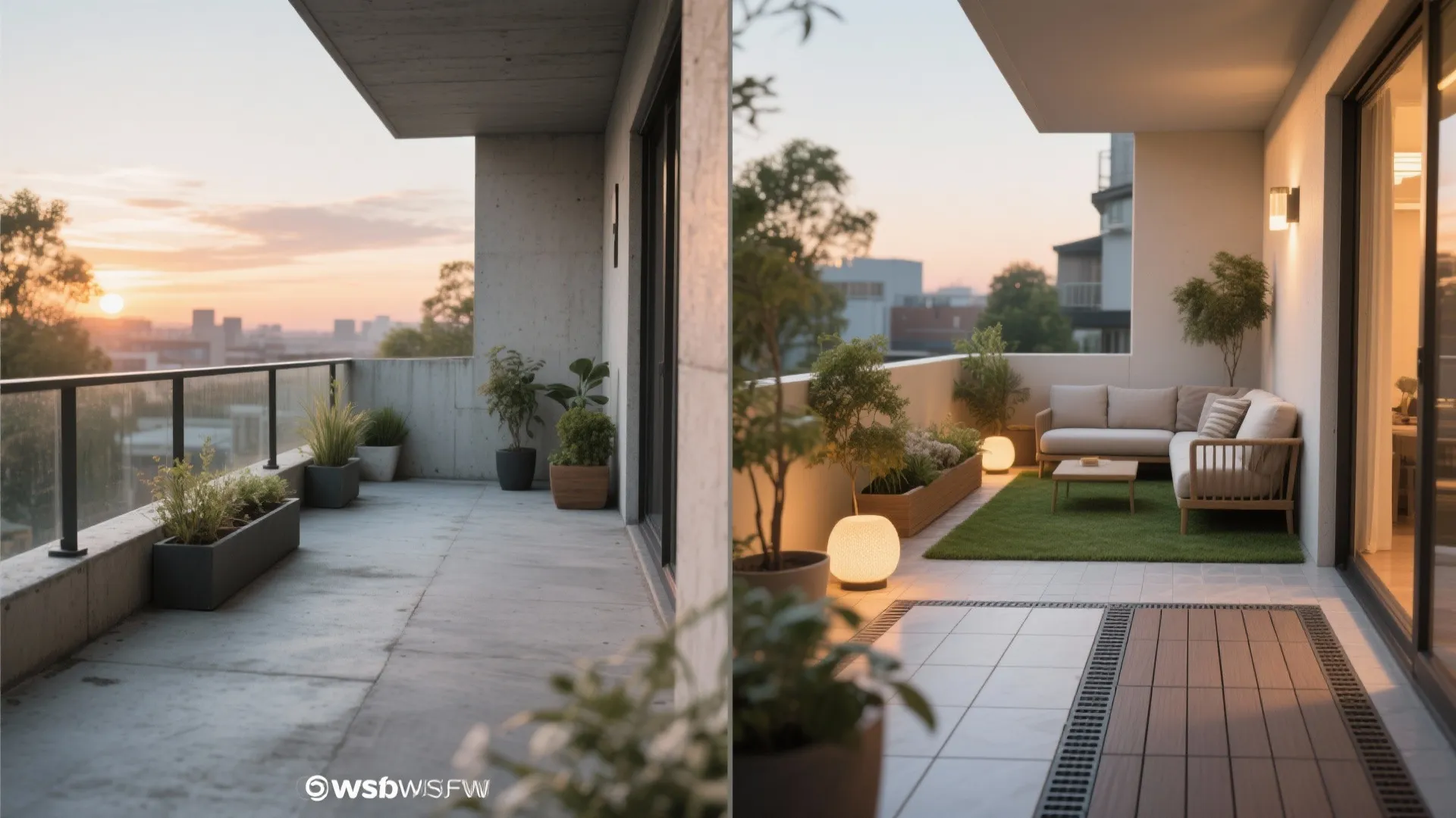 Before-and-after of a small balcony from bare concrete to mixed flooring with plants and lighting.