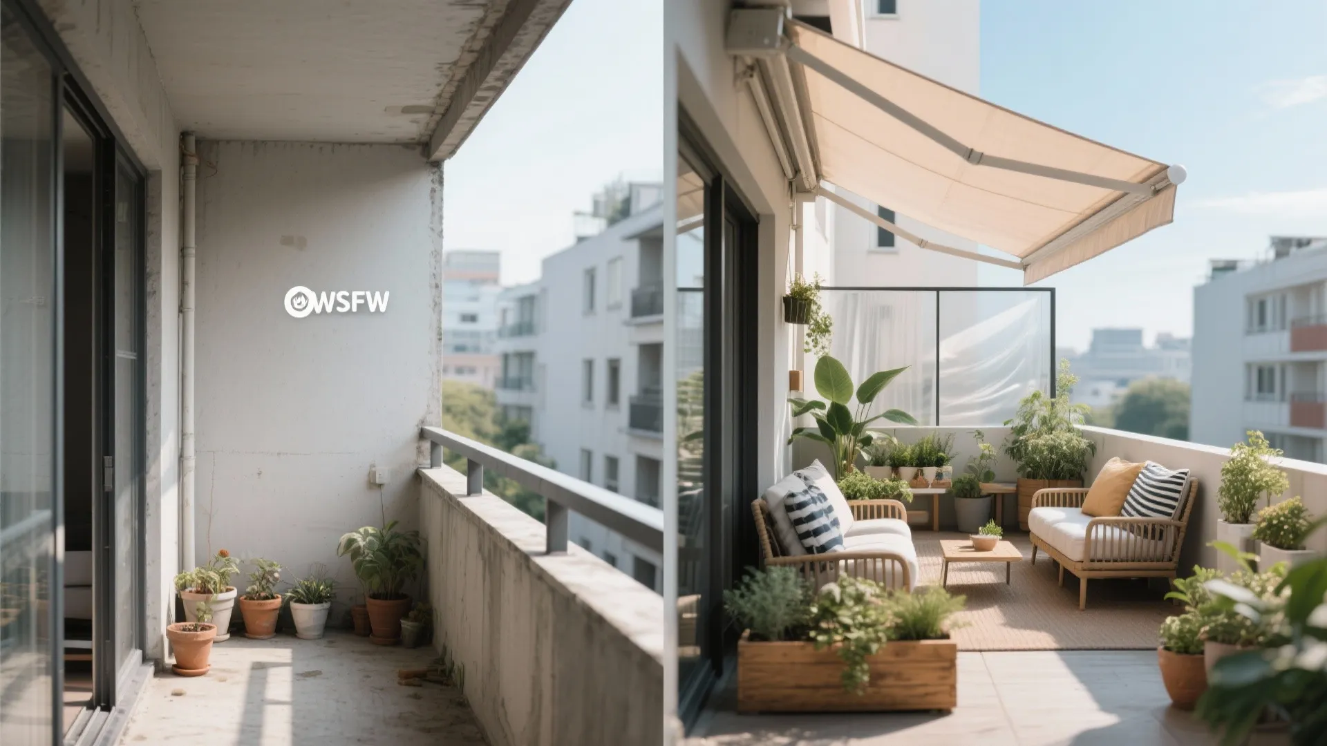 Before and after of a small balcony upgraded with shade and wind protection.