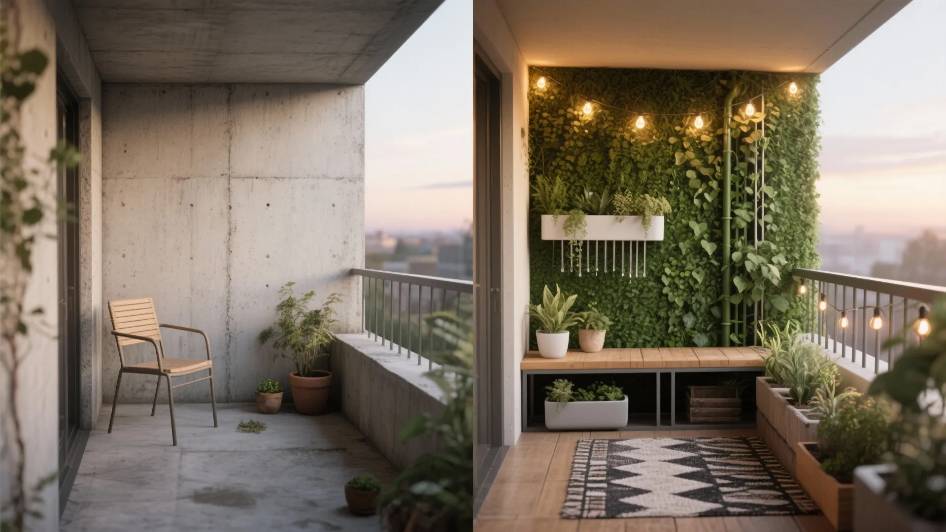 Before-and-after of a small balcony transformed with vertical greenery, smart furniture, lighting, and drip.