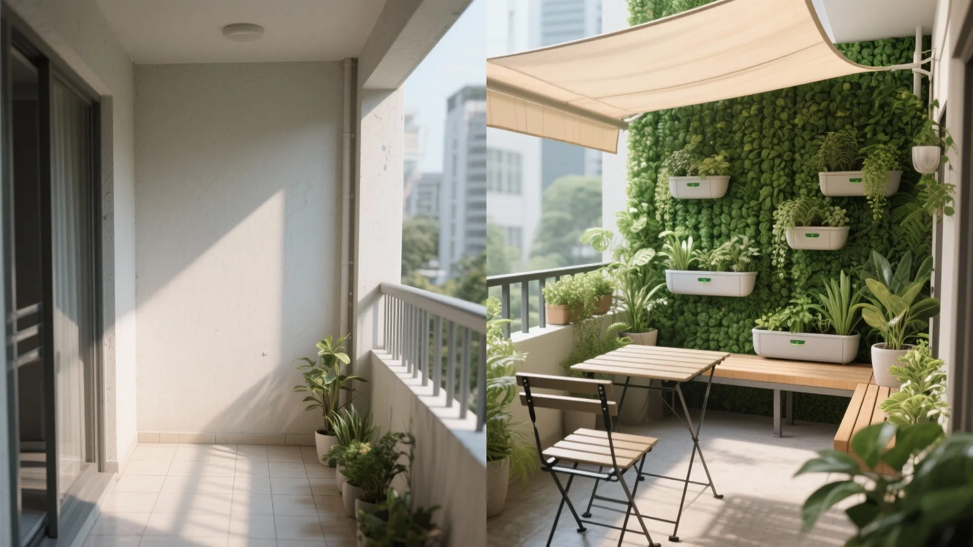 Before-and-after of a small Singapore balcony transformed with greenery, seating, and shade.