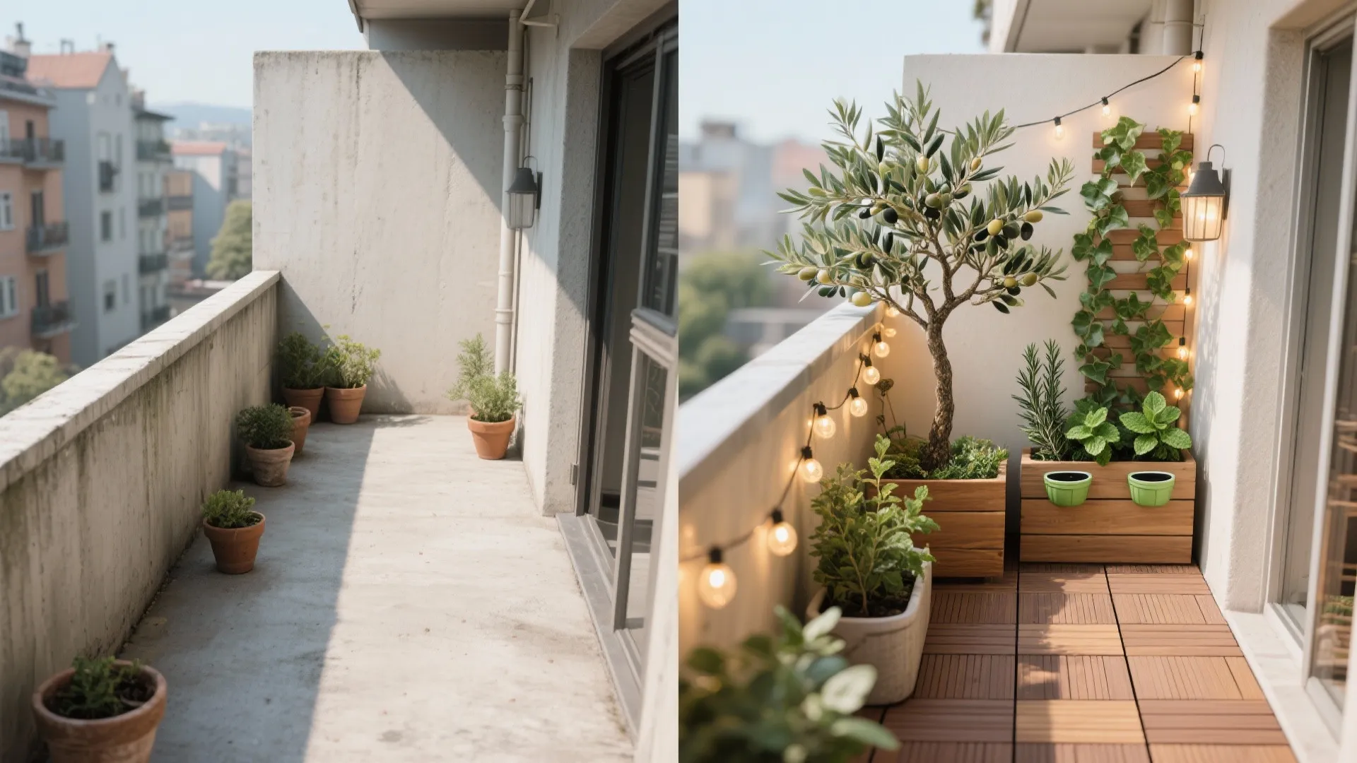 Before-and-after of a small balcony transformed with low-maintenance plants, wood tiles, and warm lights.