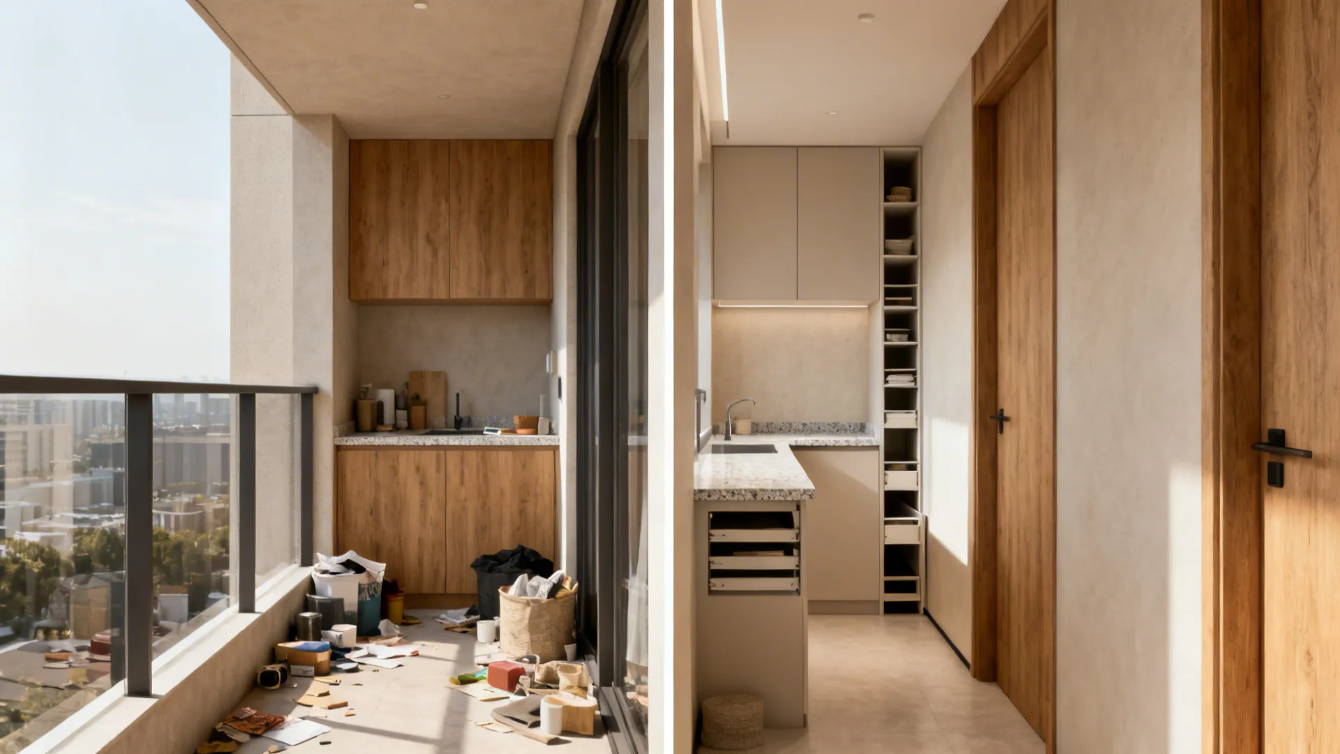 Before-and-after of a dry balcony transformed into a slim utility spine with storage and counter.